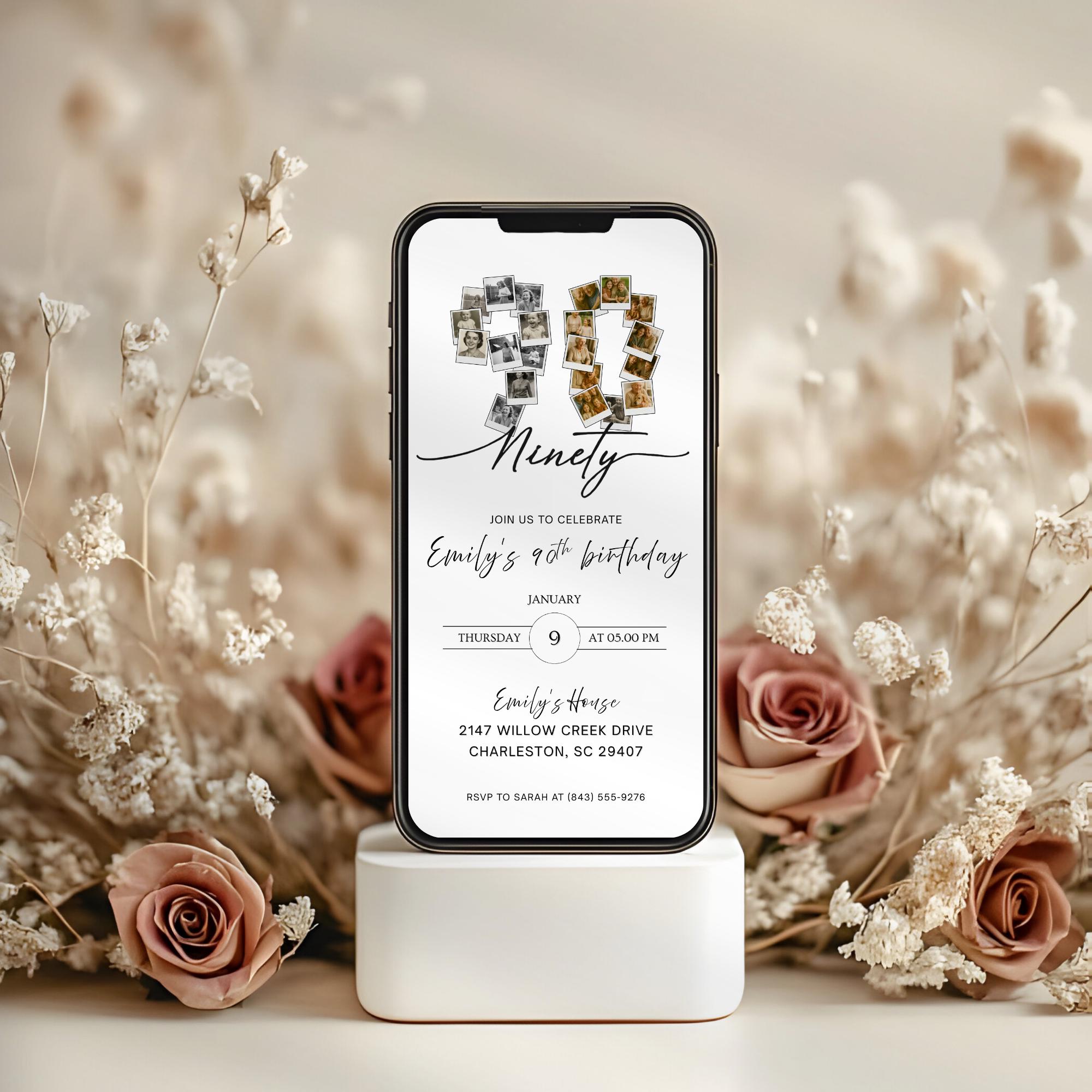 Minimalist Photo Collage Ninety 90th Birthday Invitation