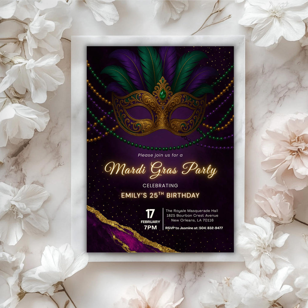 Mardi Gras Mask Birthday Party Invitation
