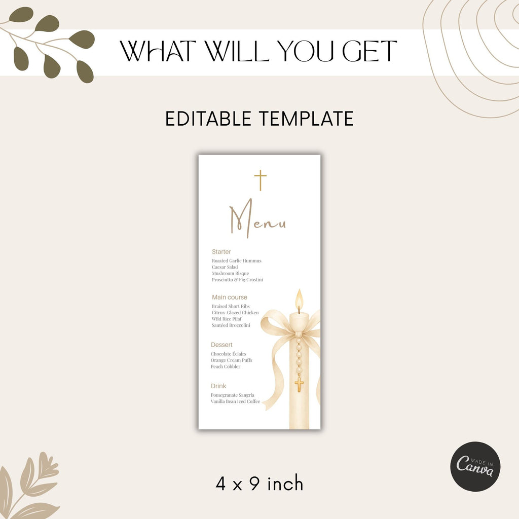 Gold Candle Baptism Menu Card