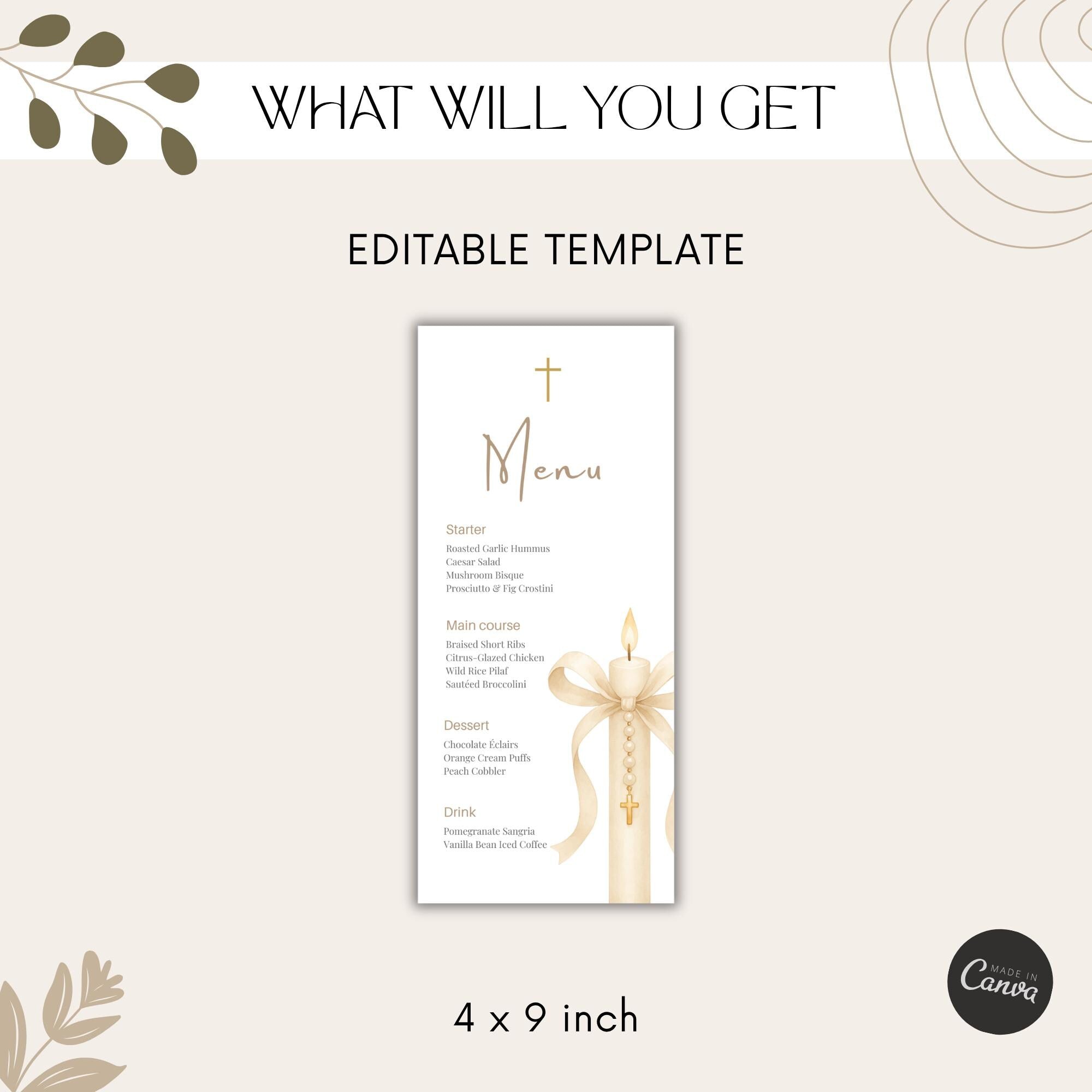 Gold Candle Baptism Menu Card