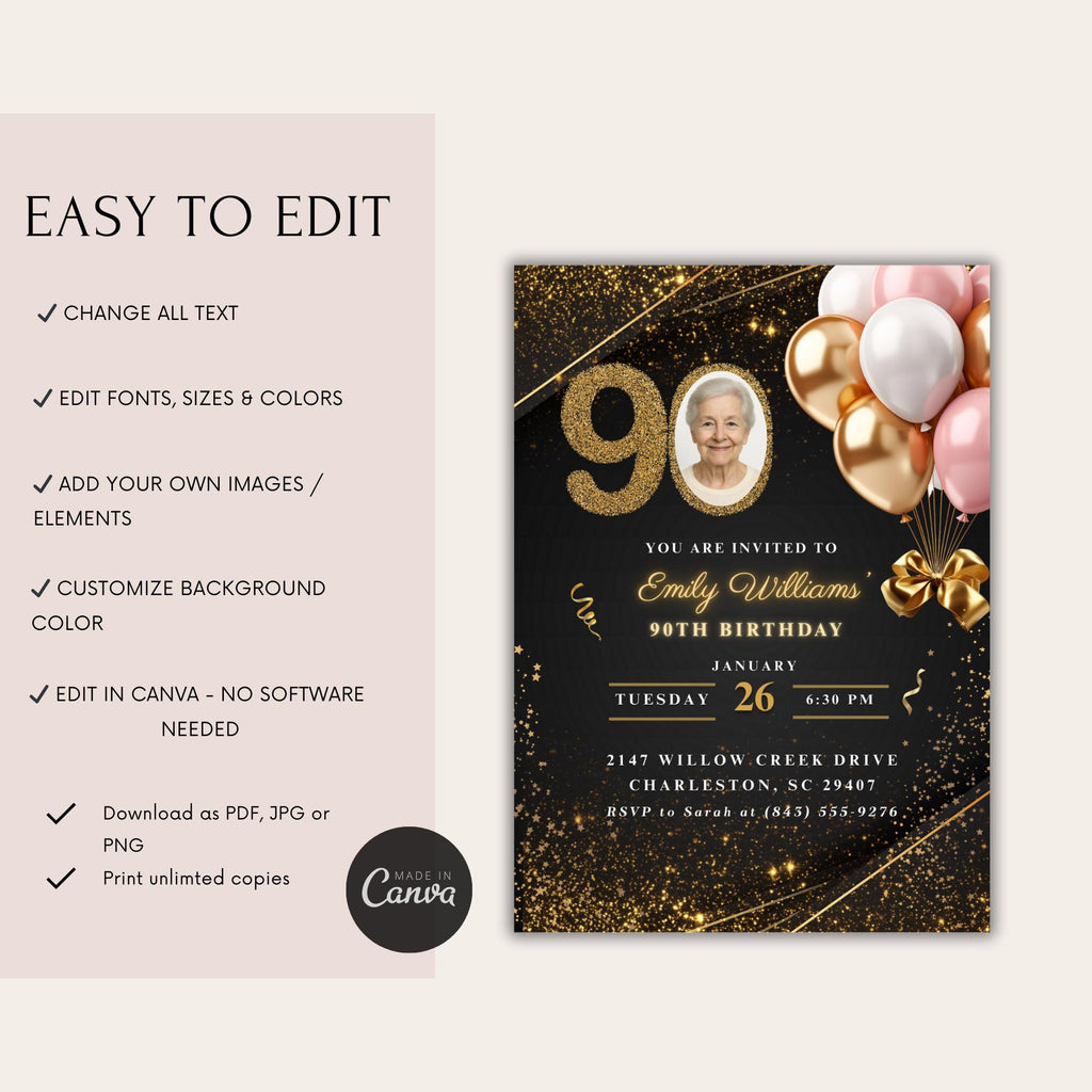 Elegant Pink Gold Balloon Photo 90th Birthday Invitation