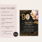 Elegant Pink Gold Balloon Photo 90th Birthday Invitation