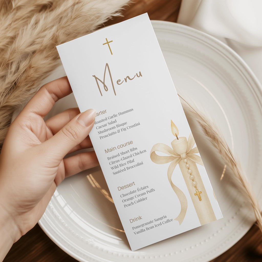Gold Candle Baptism Menu Card