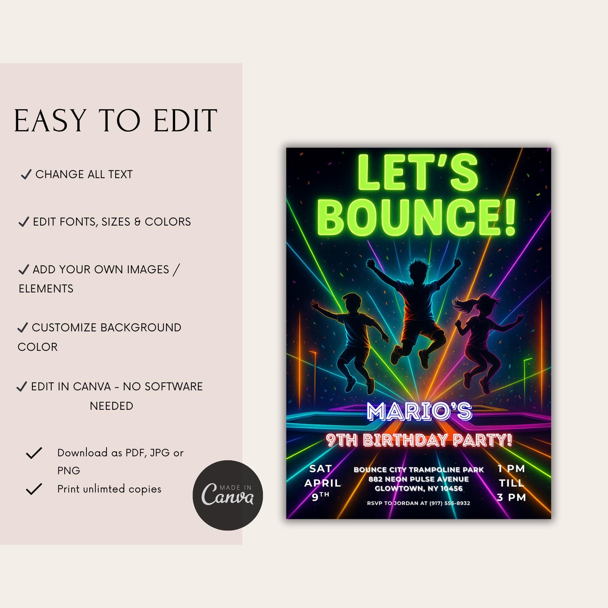 Neon Trampoline Park Kids Birthday Invitation