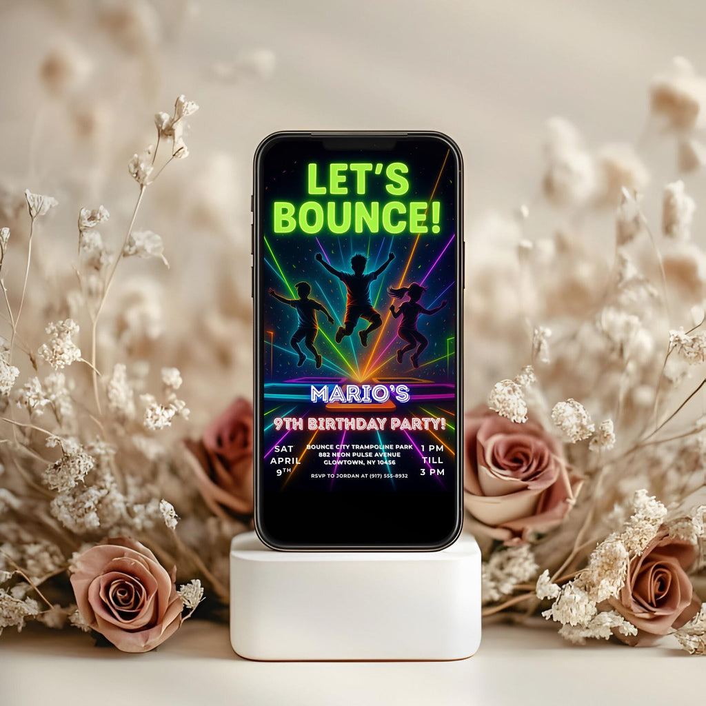 Neon Trampoline Park Kids Birthday Invitation