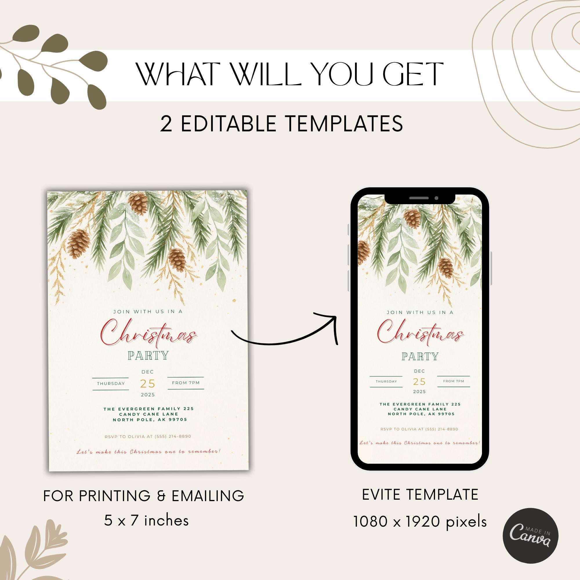 Watercolor Christmas Party Invitation Pinecones