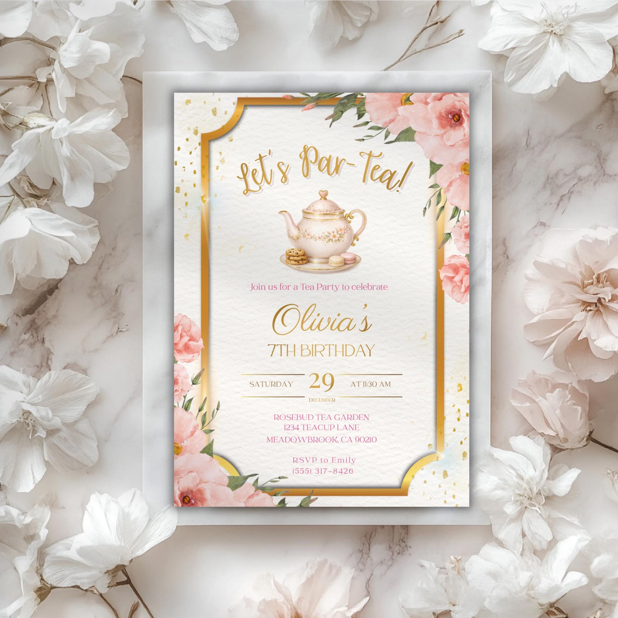 Elegant Gold Floral Tea Party Kids Birthday Invitation