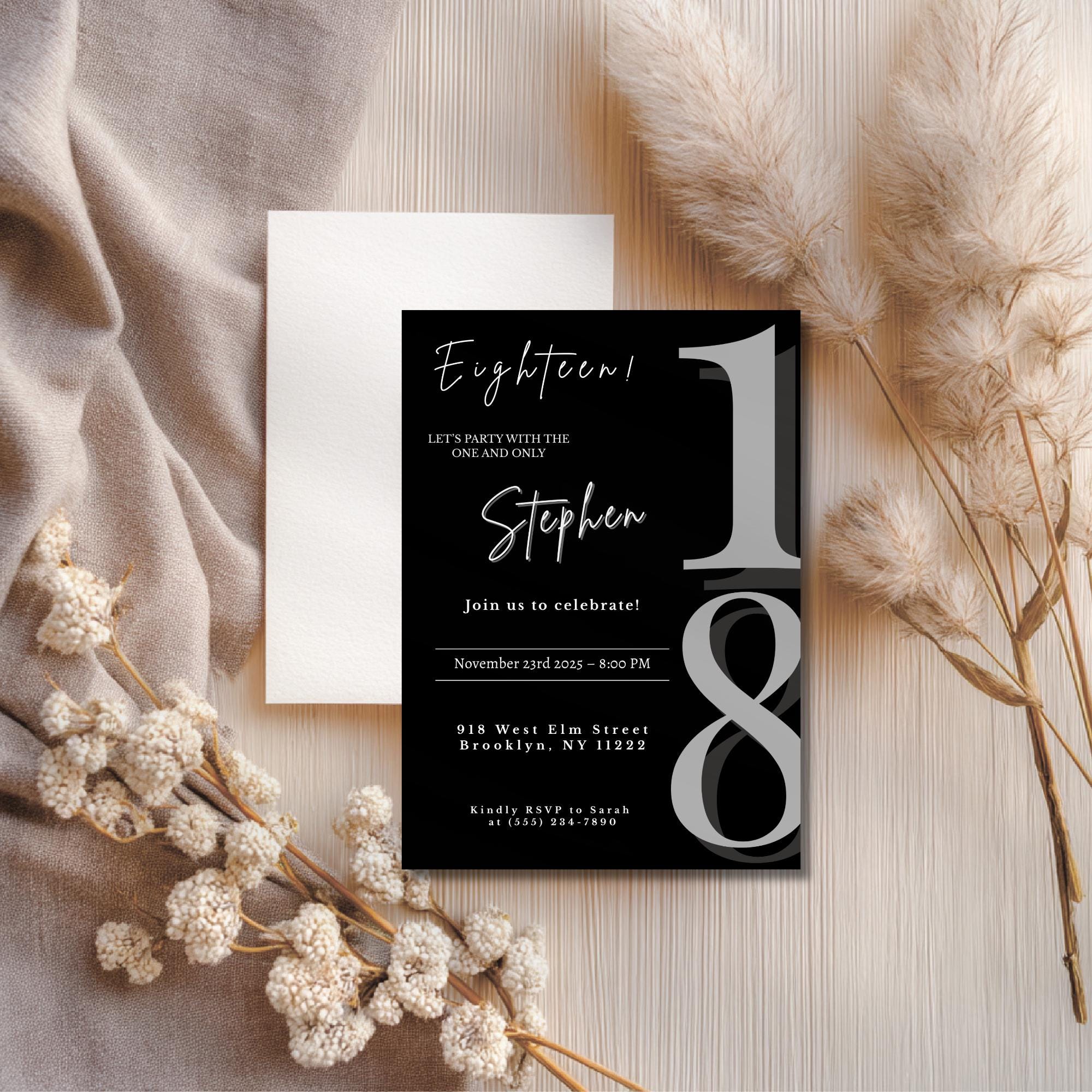 Elegant Black Minimalist 18th Birthday Invitation