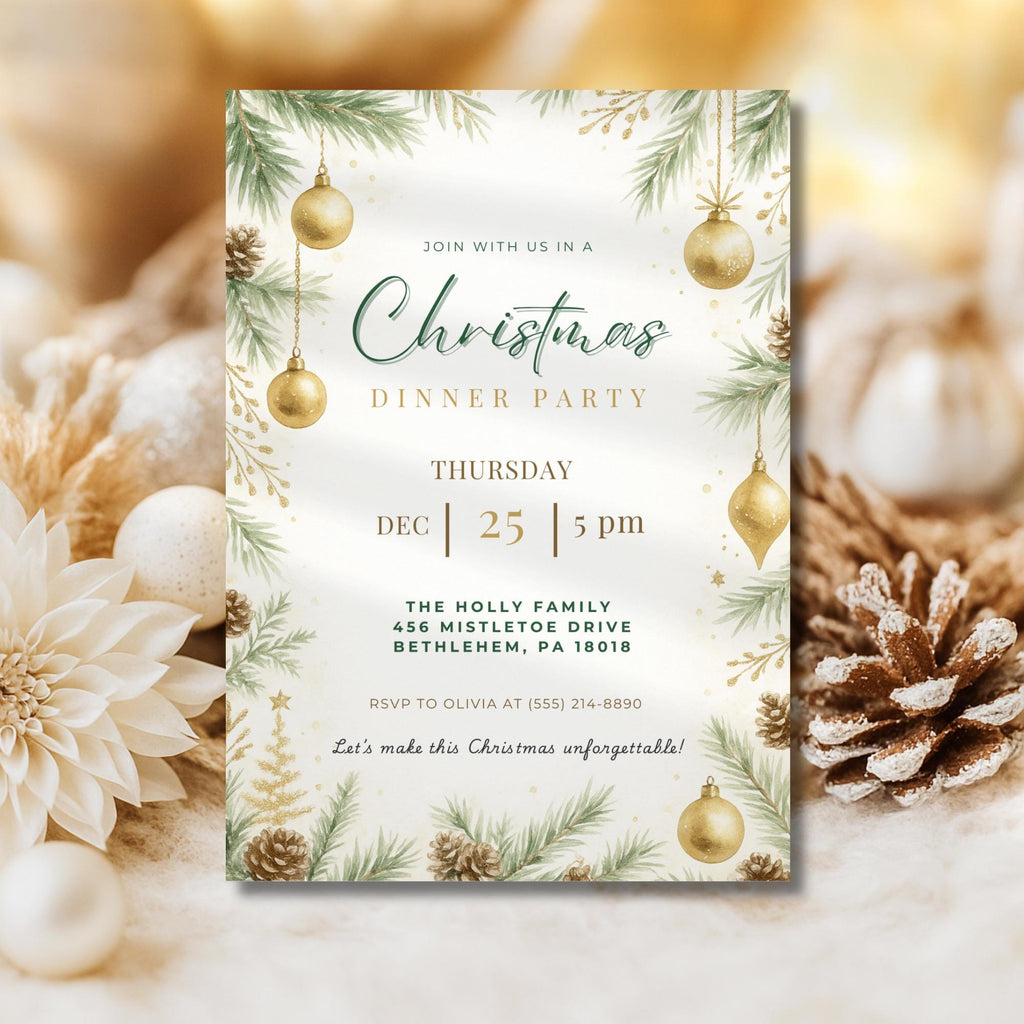 Elegant Christmas Ornaments Dinner Party Invitation