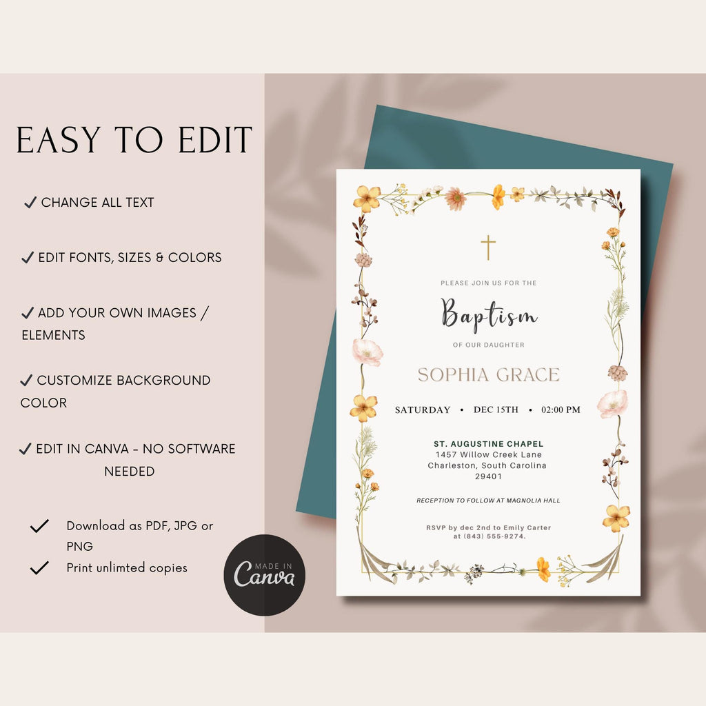 Elegant Wildflower Baptism Invitation with Cross