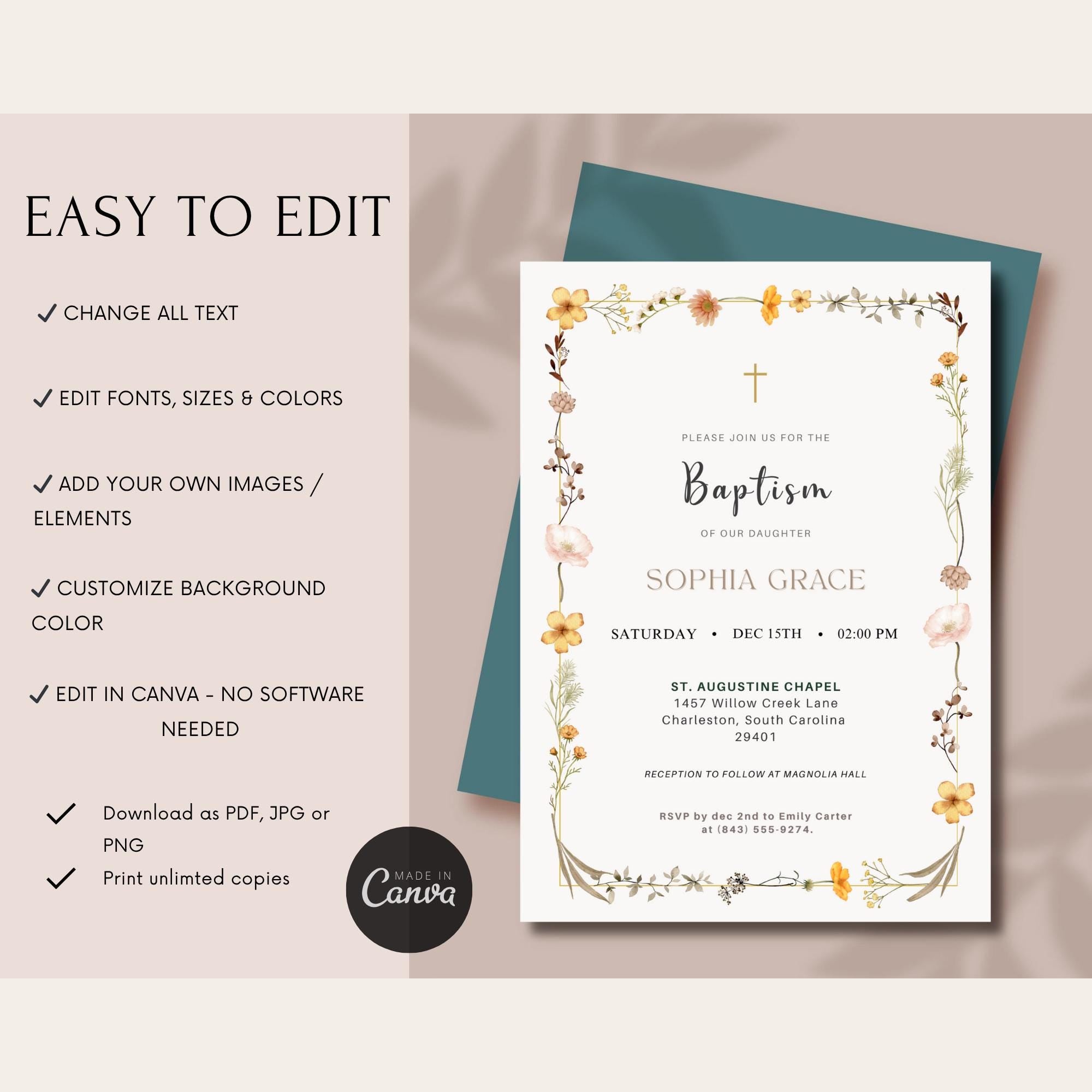 Elegant Wildflower Baptism Invitation with Cross