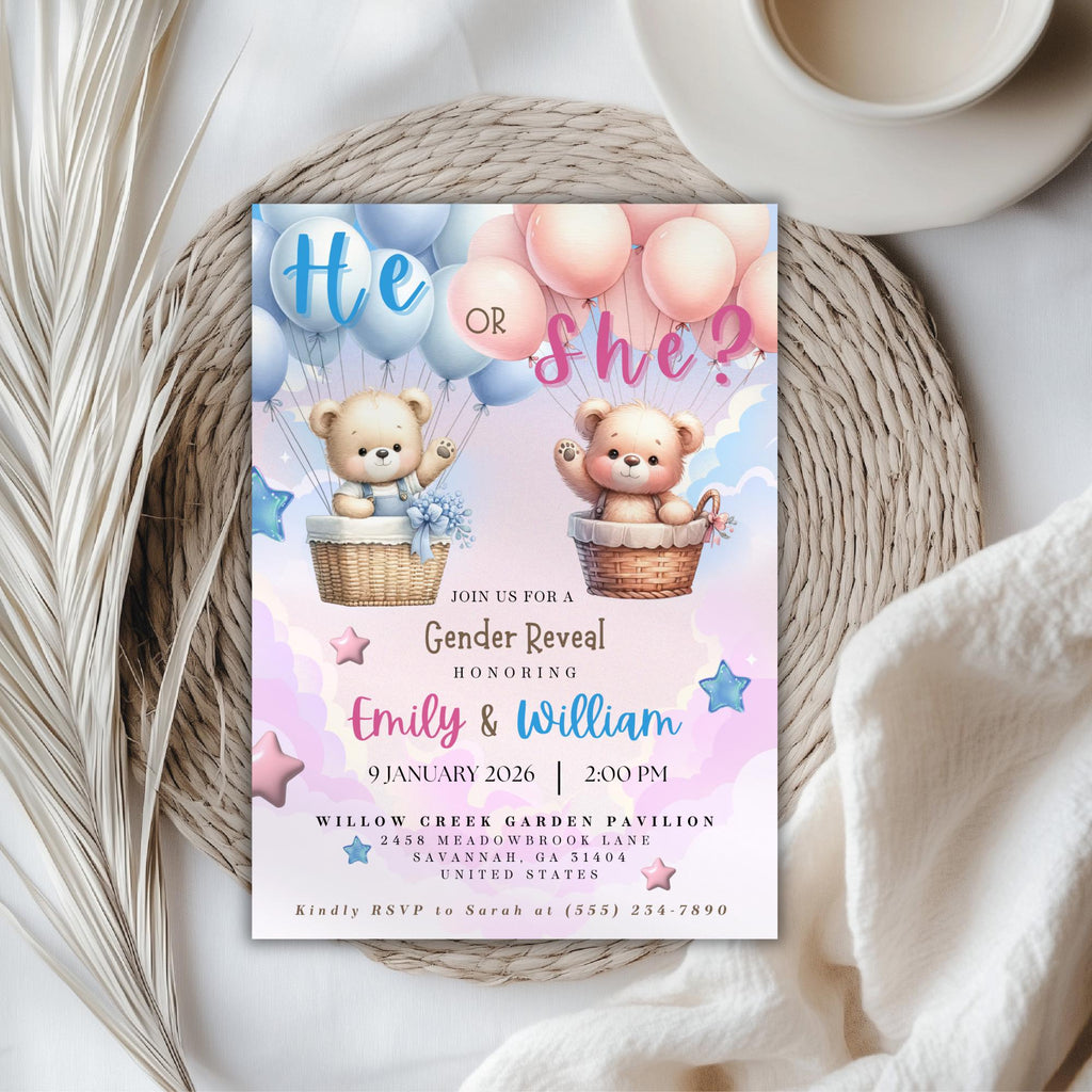 He or She Teddy Gender Reveal Invitation