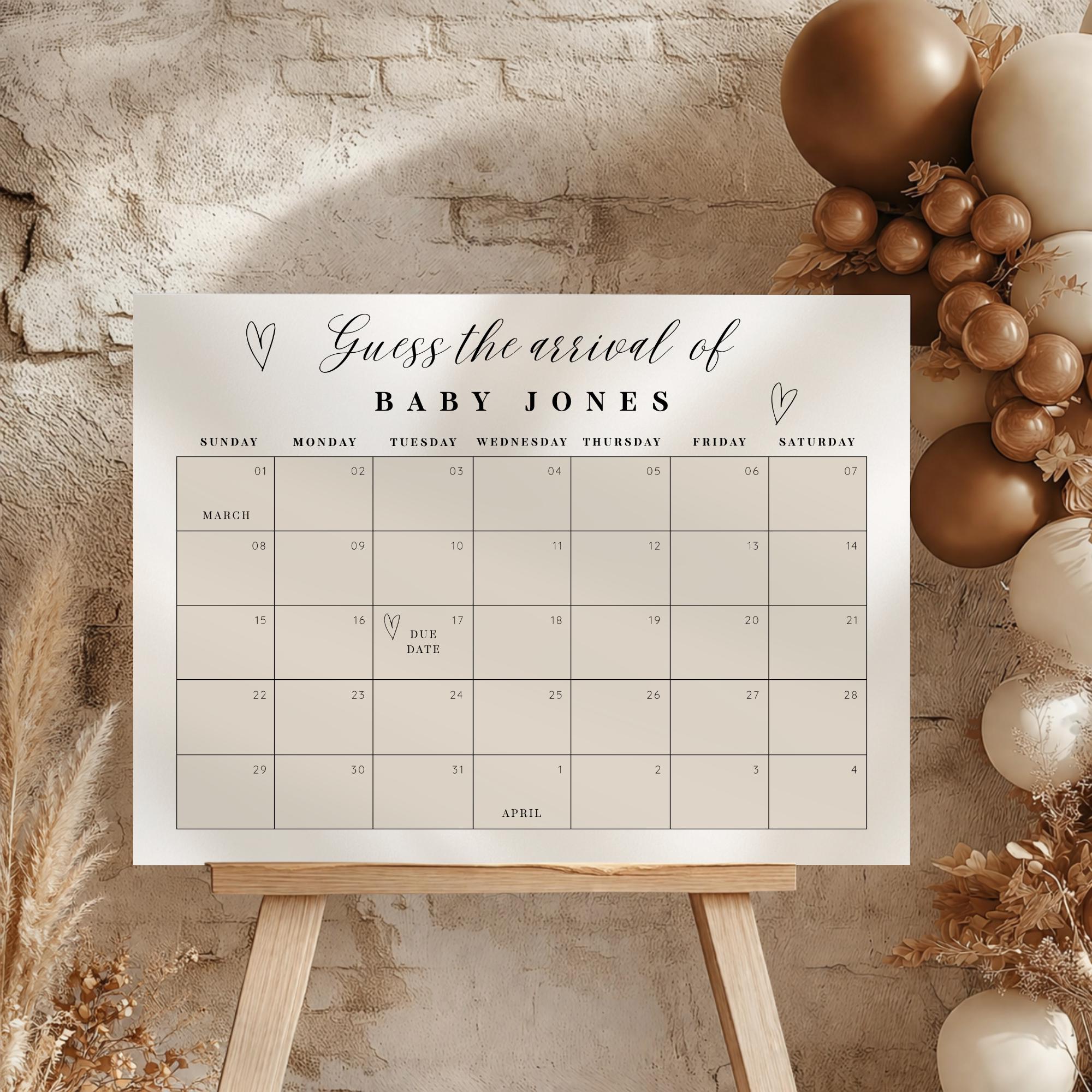 Elegant Gender Reveal Due Date Calendar