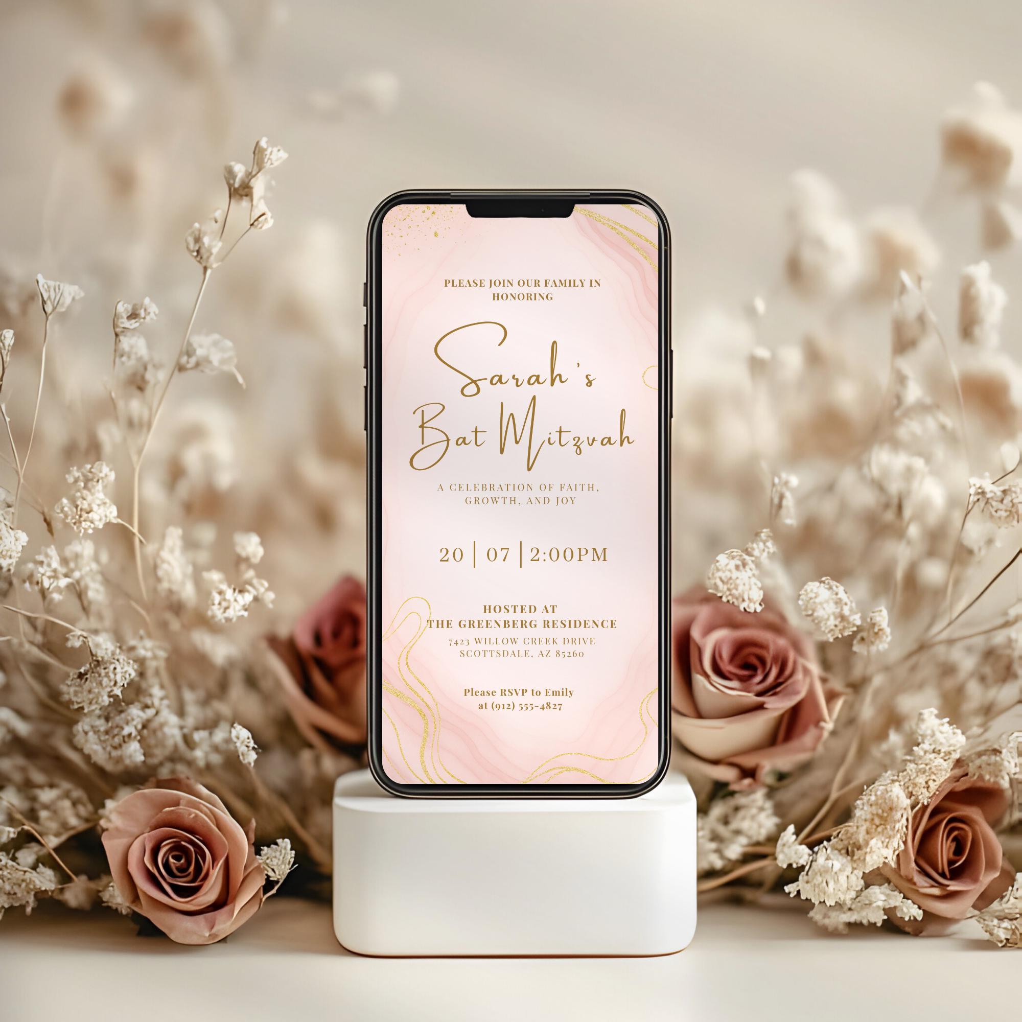 Pink Gold Bat Mitzvah Invitation