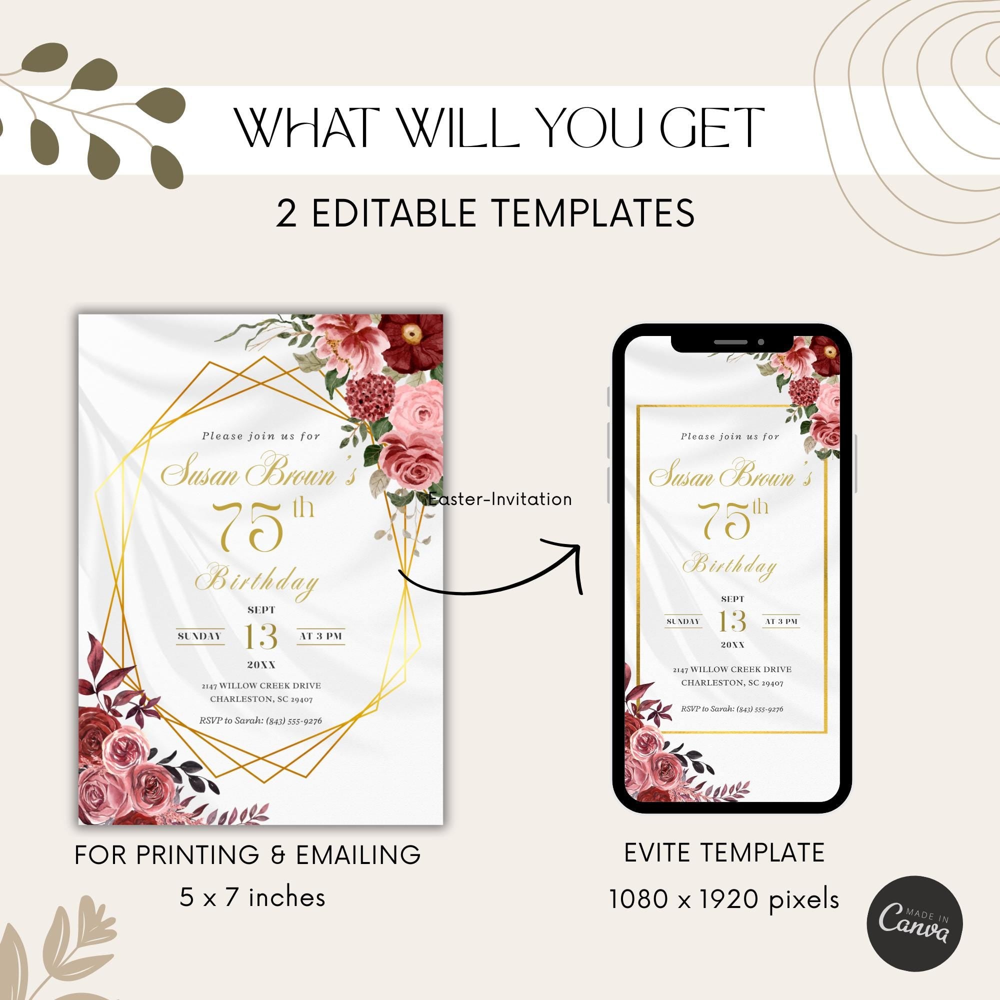 Elegant Gold Geometric Floral 75th Birthday Invitation