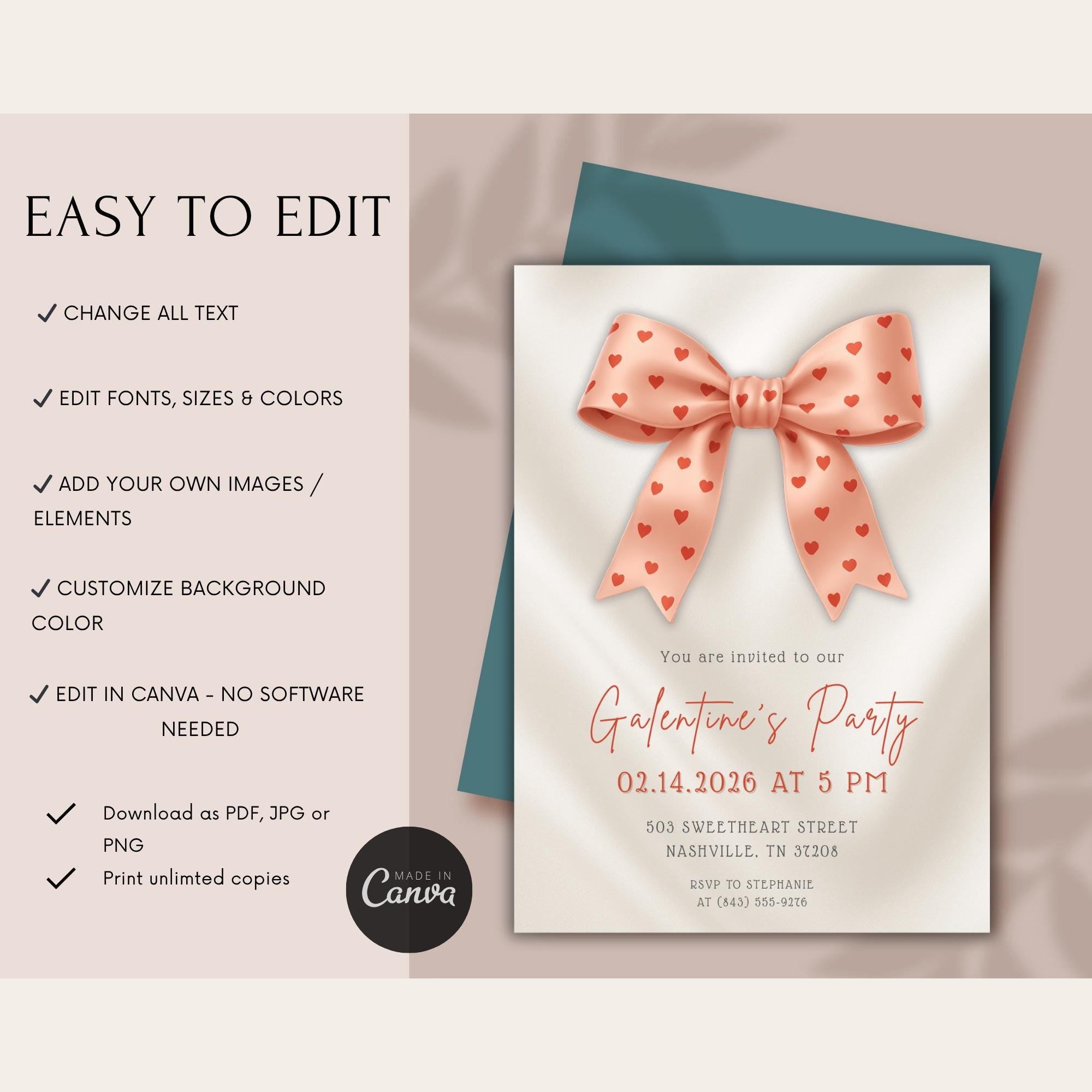 Pink Bow Galentines Party Invitation