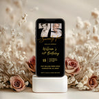 Black & Gold 75th Birthday Invitation with Photo Number