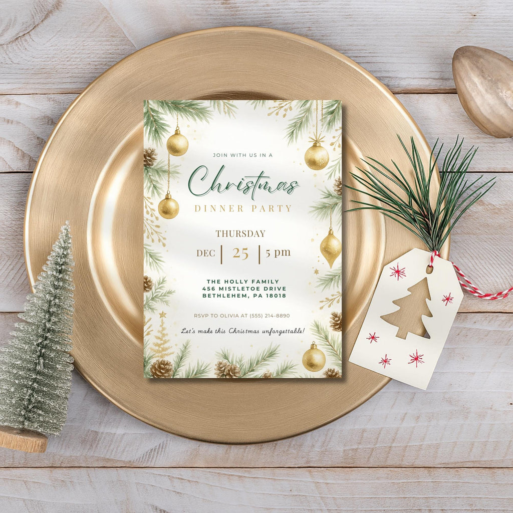 Elegant Christmas Ornaments Dinner Party Invitation