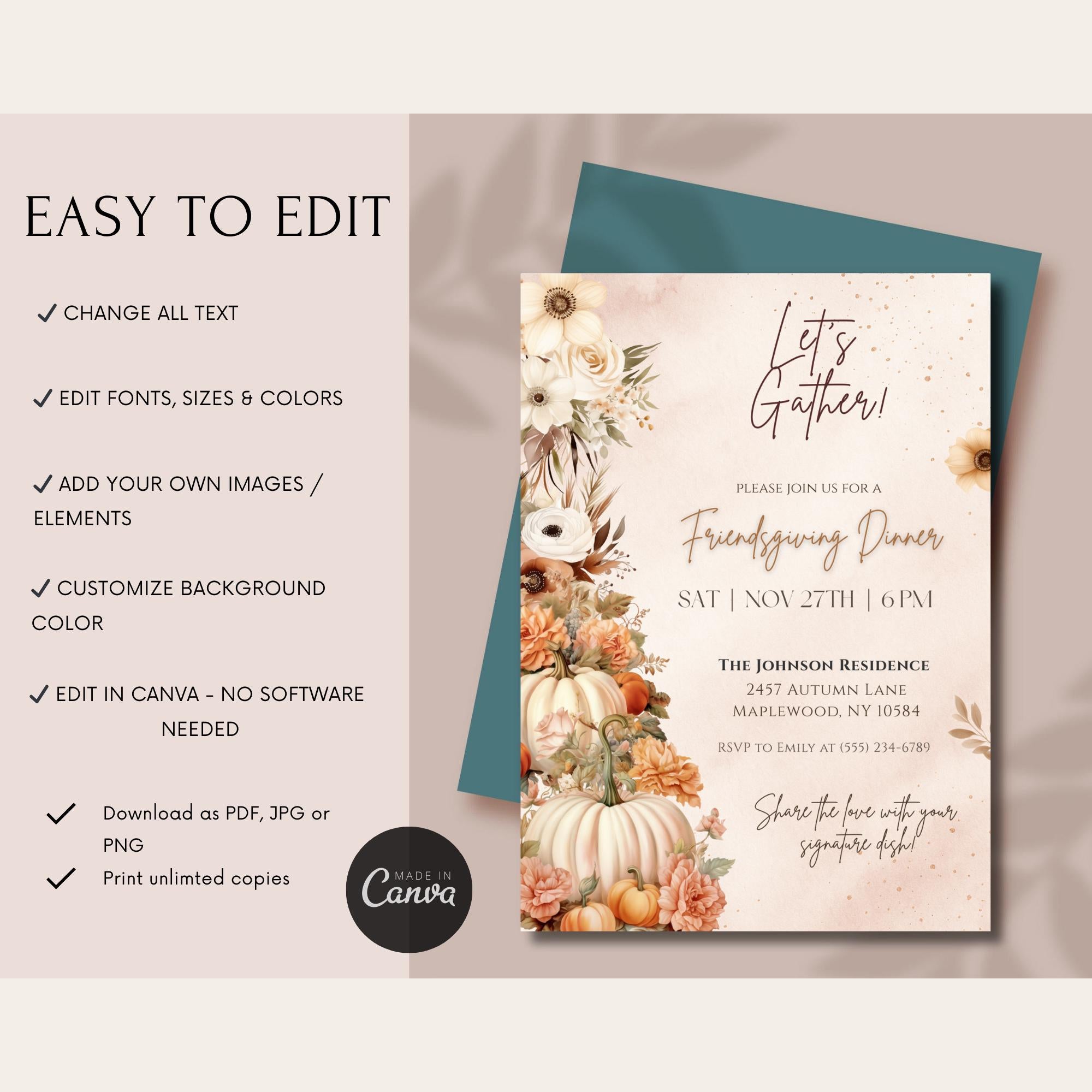 Elegant Boho Friendsgiving Dinner Invitation