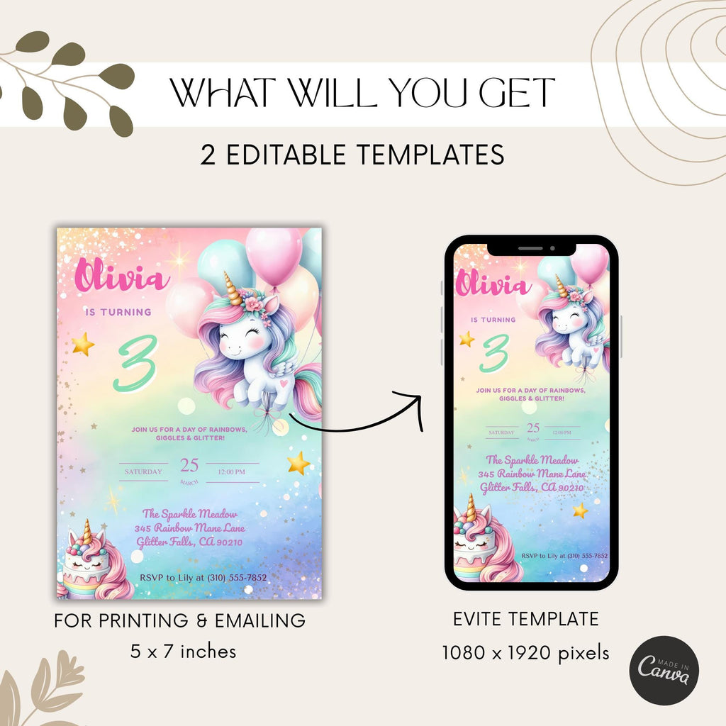 Pastel Rainbow Unicorn Kids Birthday Invitation