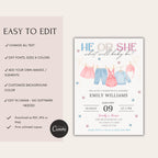 He or She Baby Clothes Gender Reveal Invitation