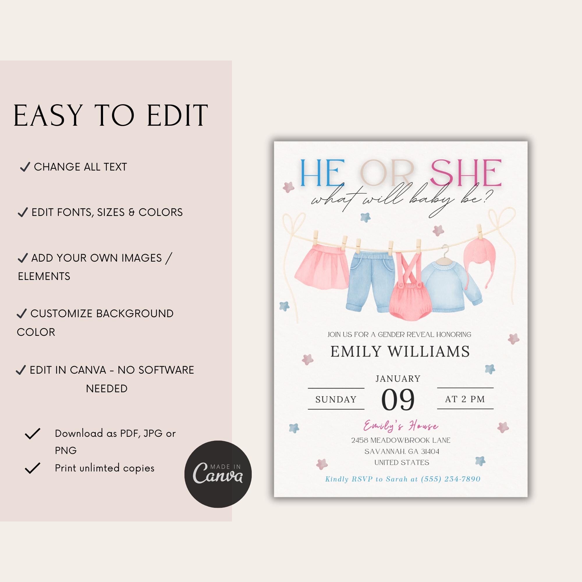 He or She Baby Clothes Gender Reveal Invitation
