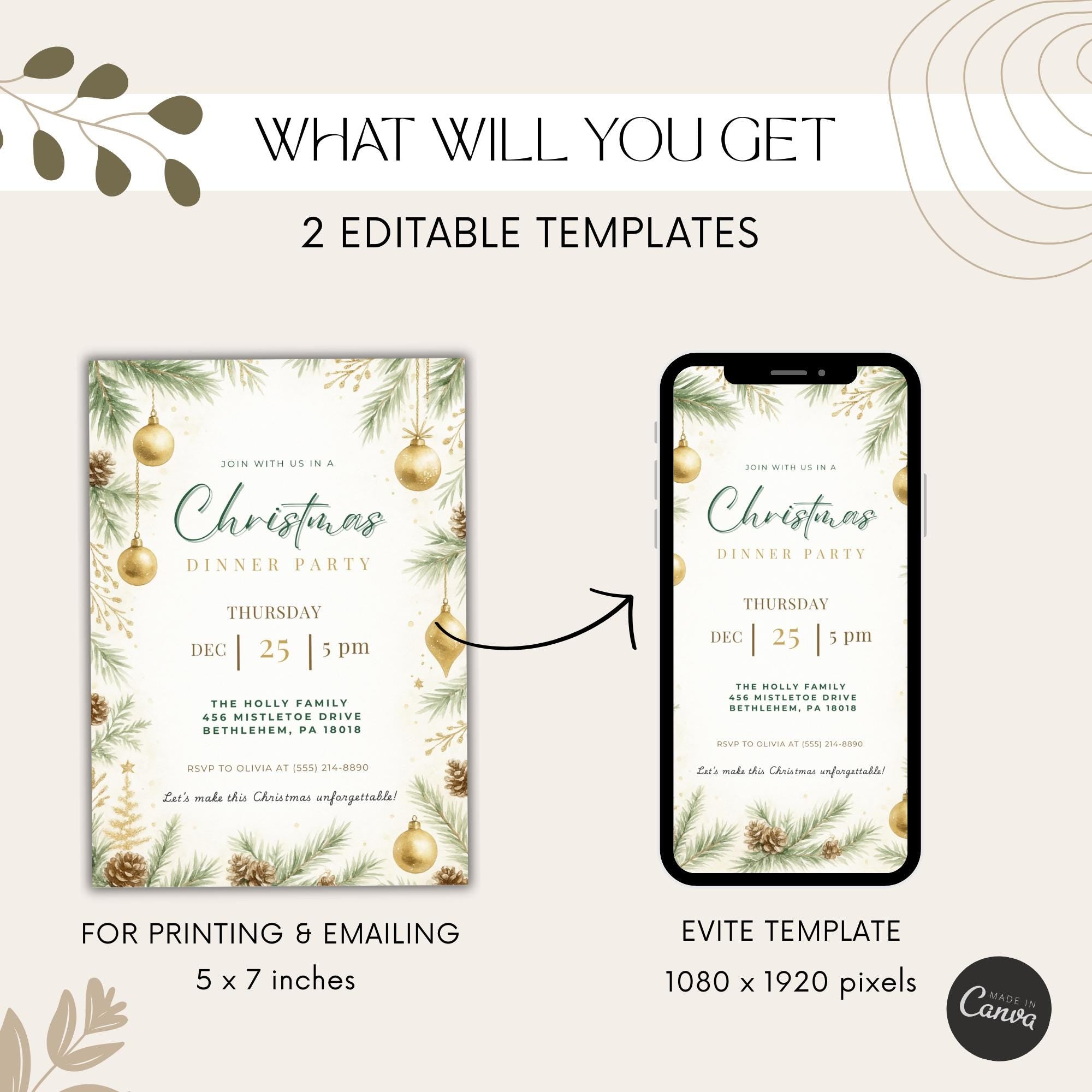 Elegant Christmas Ornaments Dinner Party Invitation