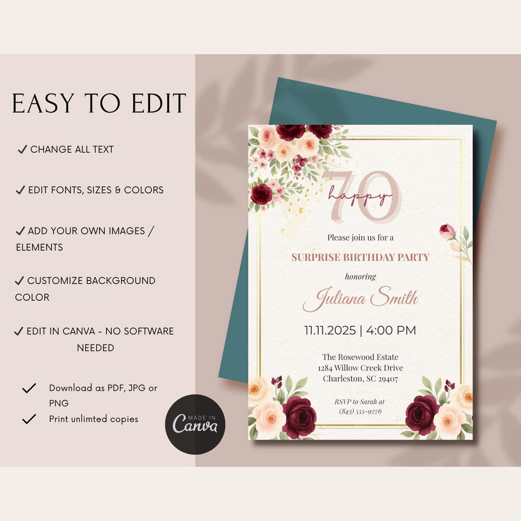 Elegant Burgundy Floral 70th Birthday Invitation