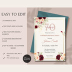 Elegant Burgundy Floral 70th Birthday Invitation