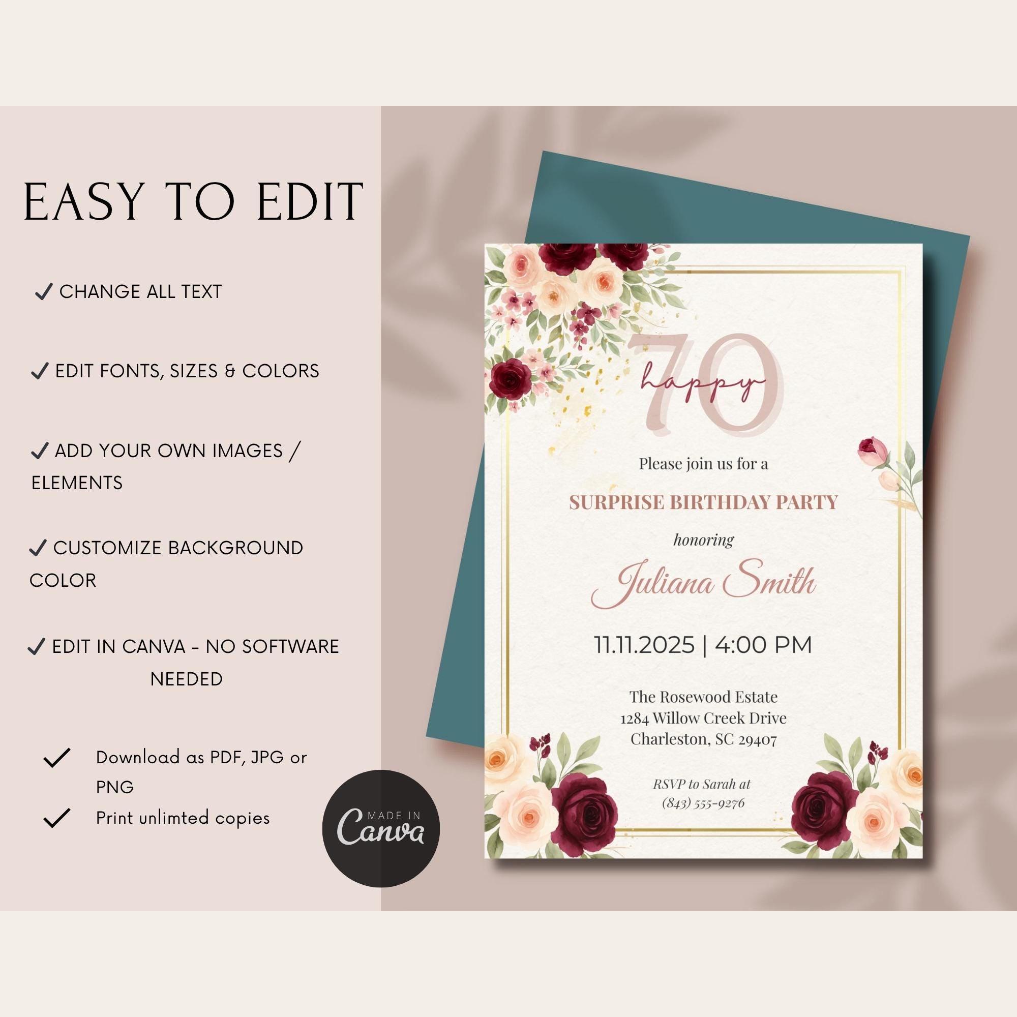 Elegant Burgundy Floral 70th Birthday Invitation