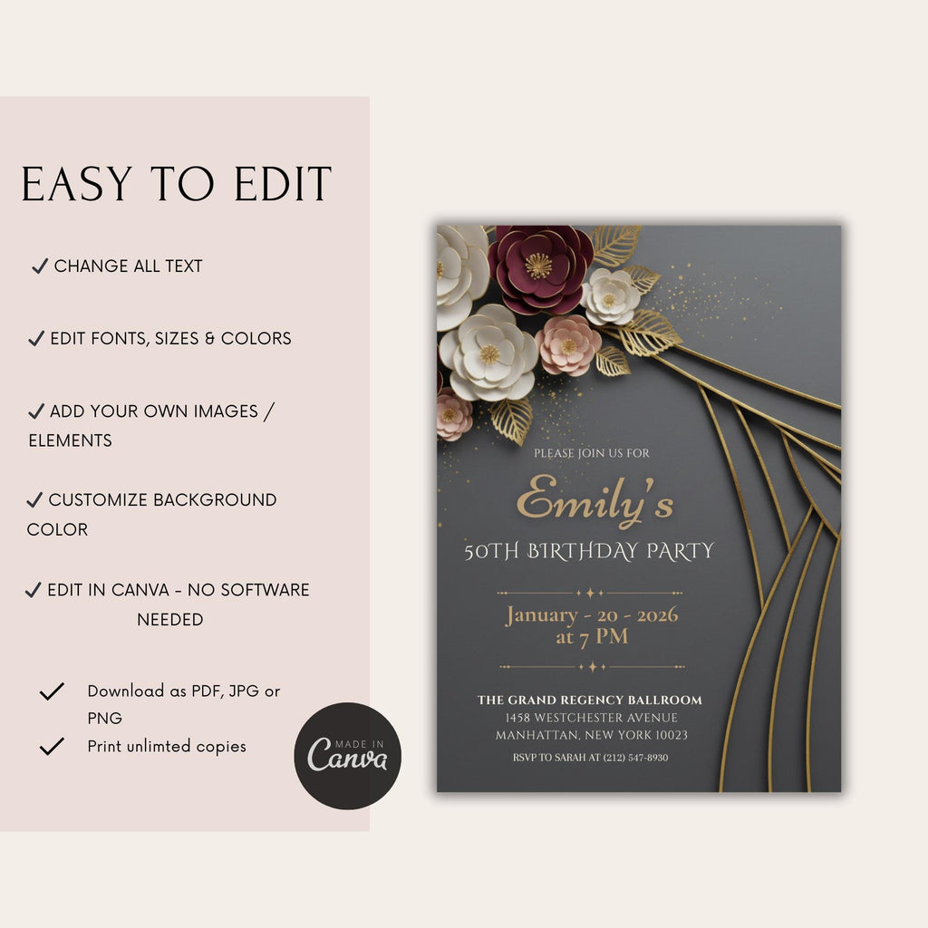 Elegant Burgundy Gold Floral 50th Birthday Invitation
