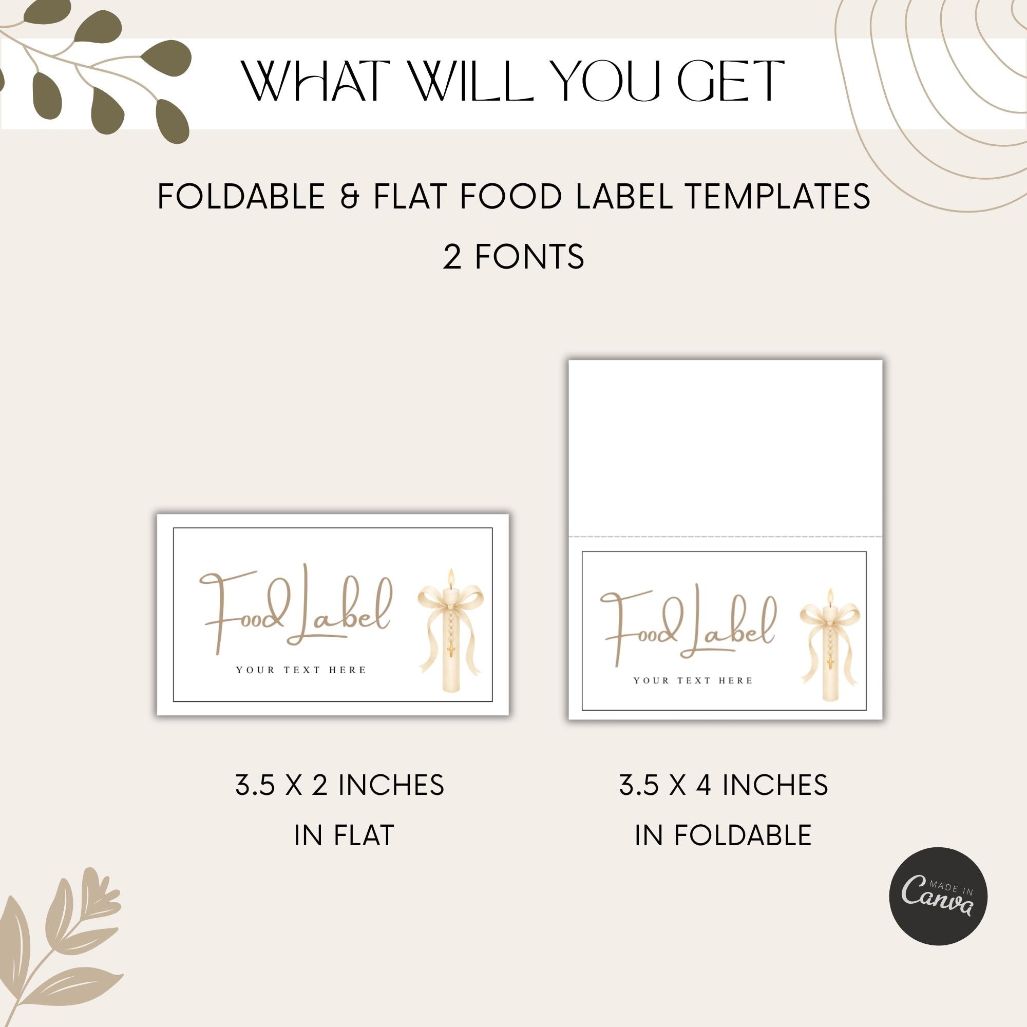 Gold Candle Baptism Buffet Food Labels