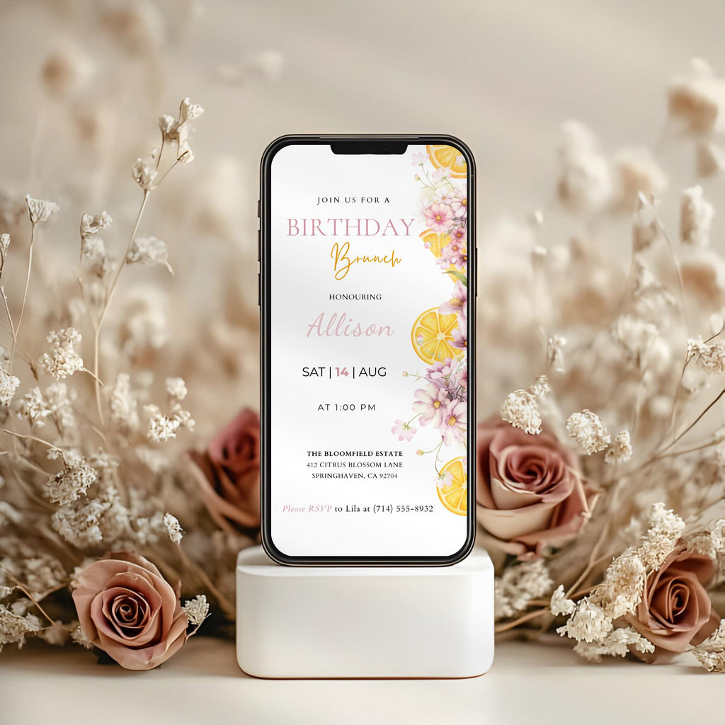 Watercolor Floral Citrus Birthday Brunch Invitation