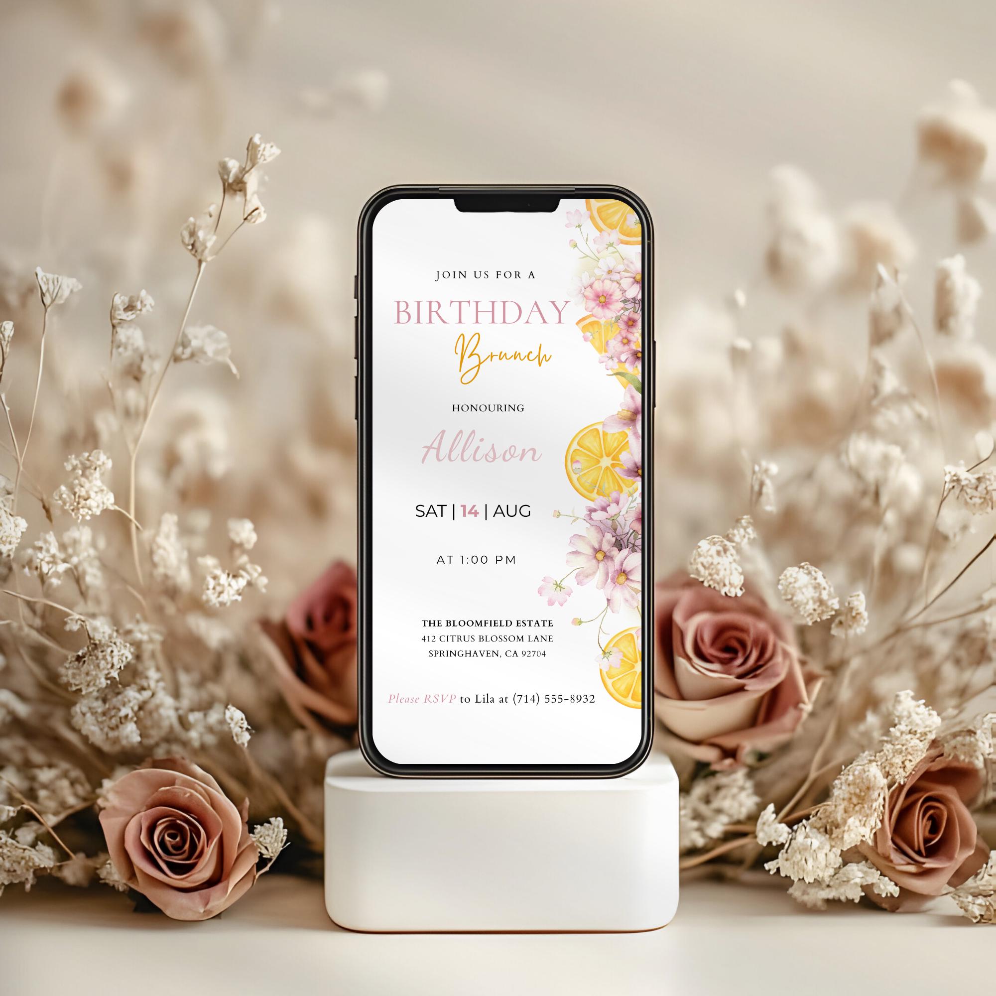 Watercolor Floral Citrus Birthday Brunch Invitation