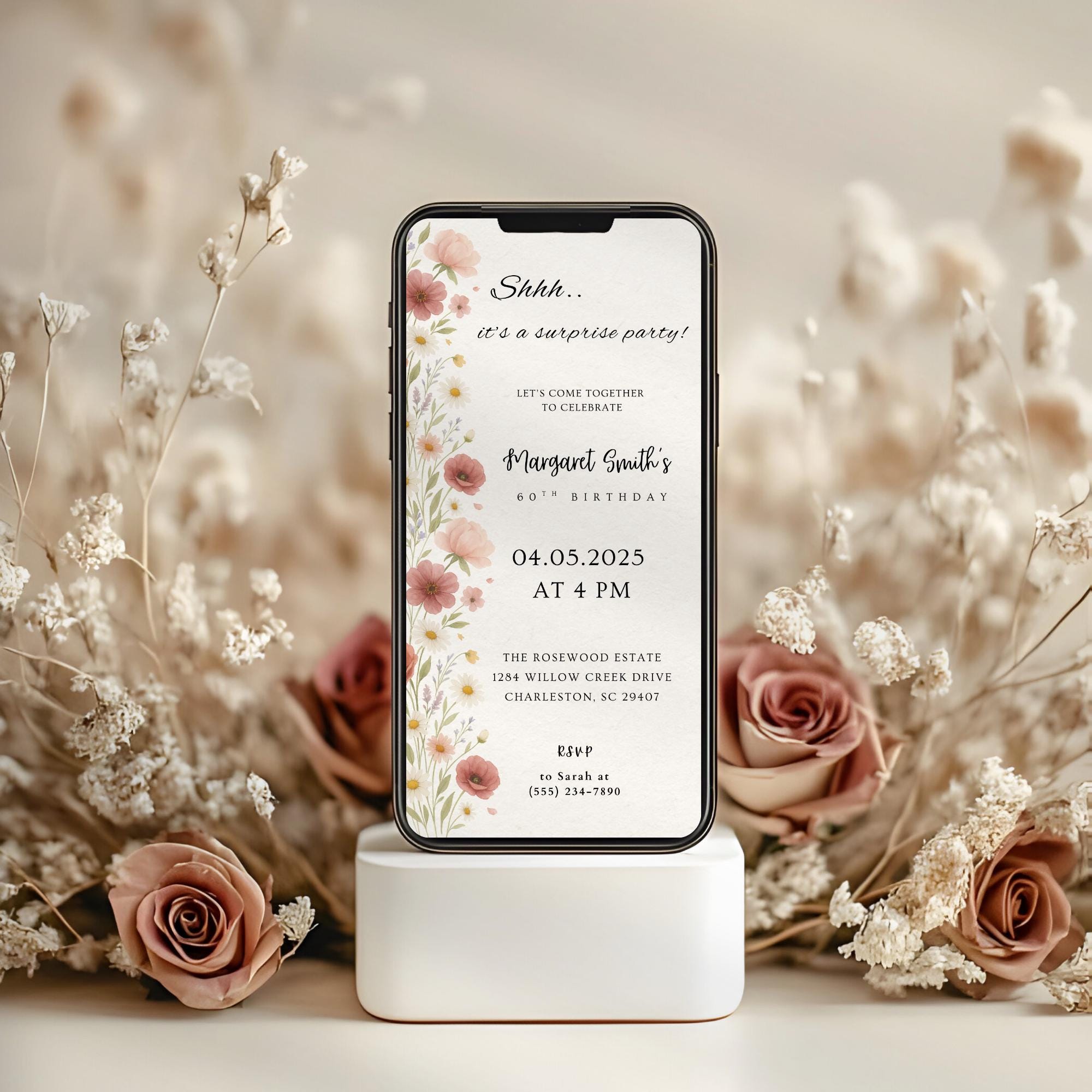 Elegant Wildflower Surprise Birthday Invitation