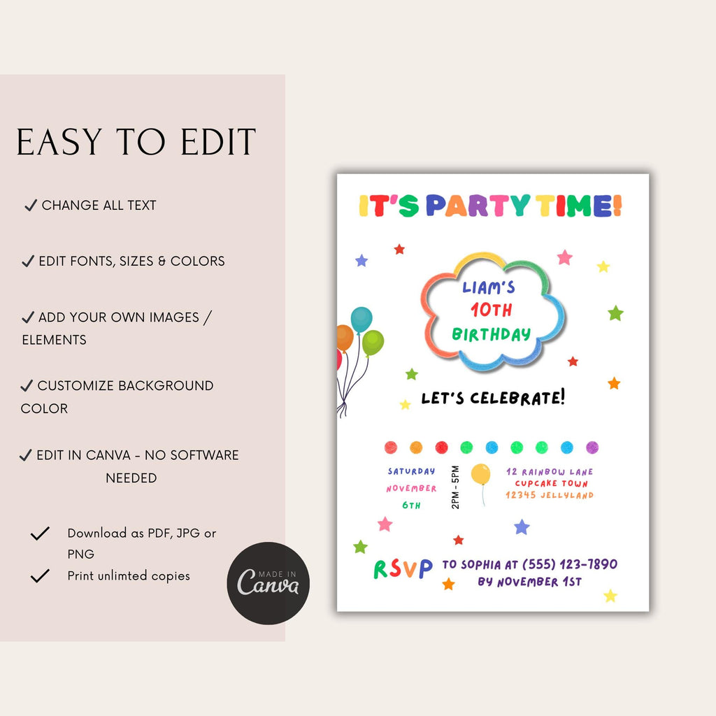 Rainbow Confetti Kids Birthday Invitation