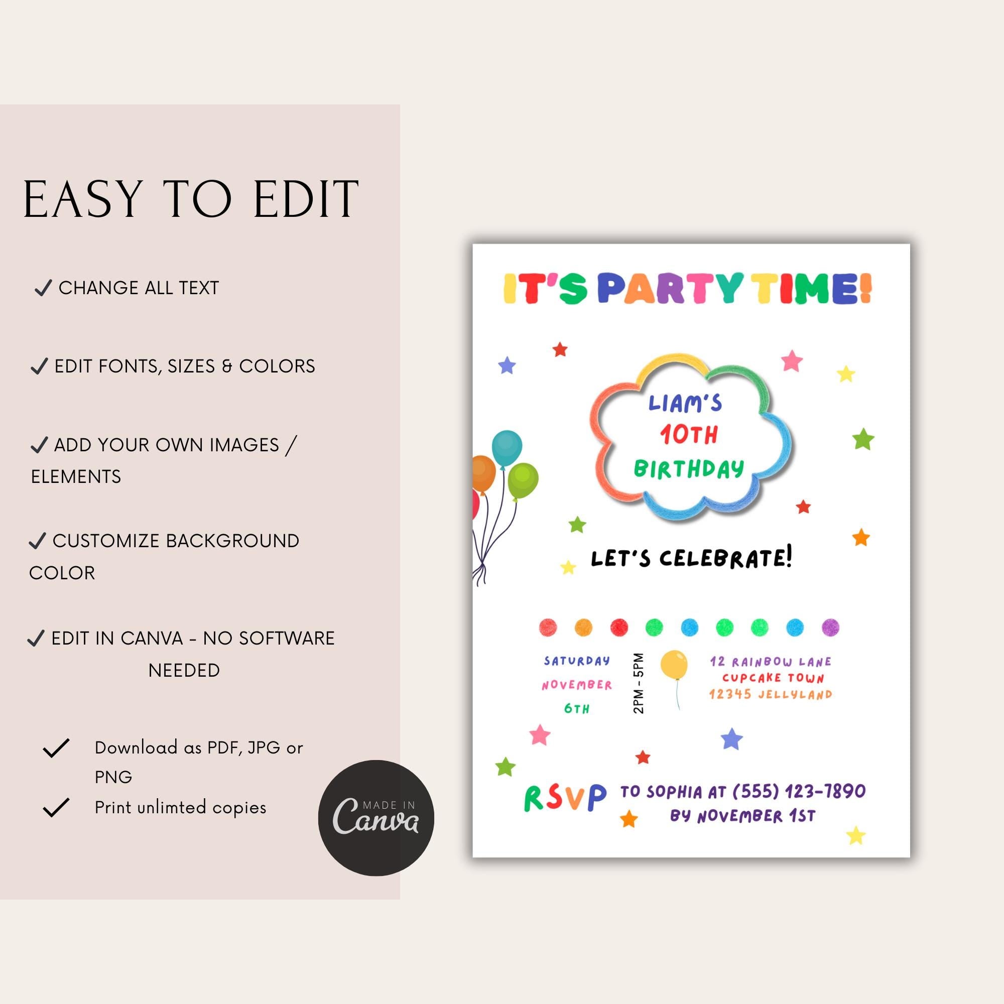 Rainbow Confetti Kids Birthday Invitation