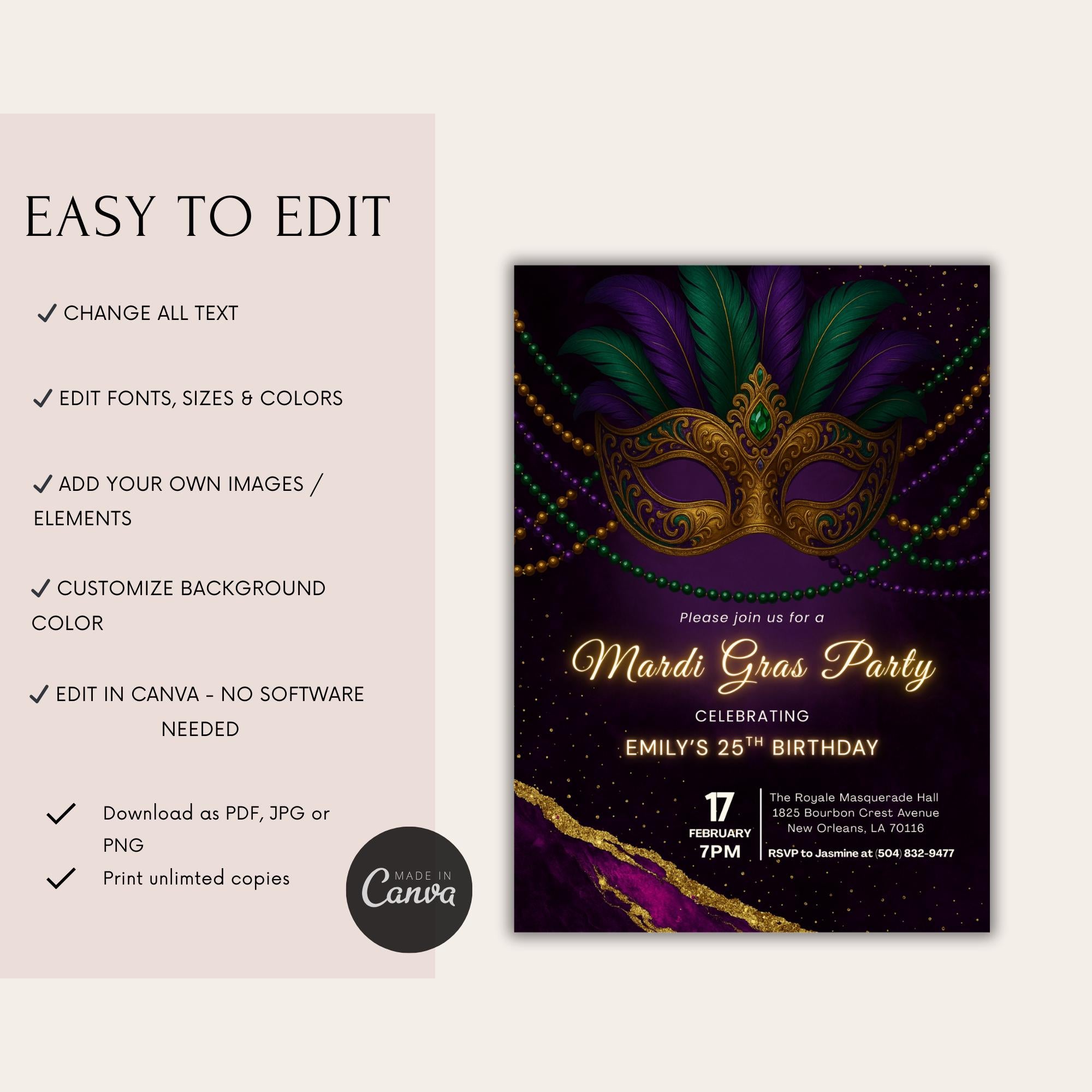 Mardi Gras Mask Birthday Party Invitation