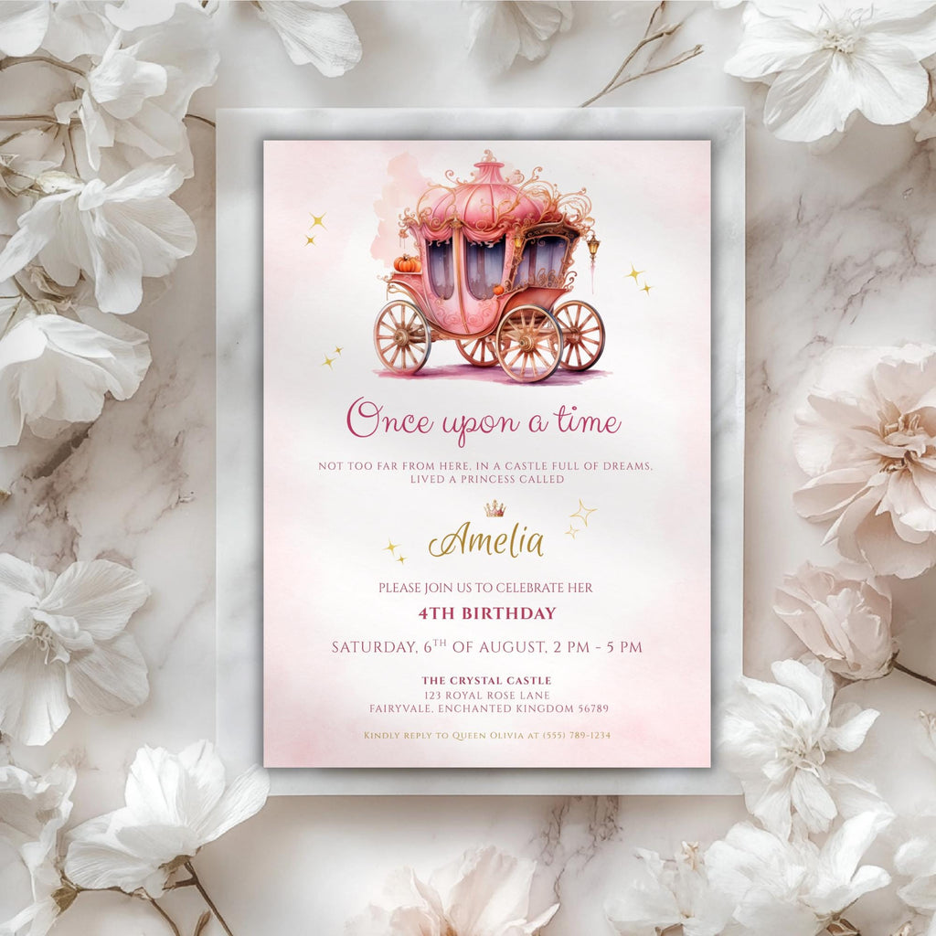 Watercolor Fairytale Princess Carriage Birthday Invitation
