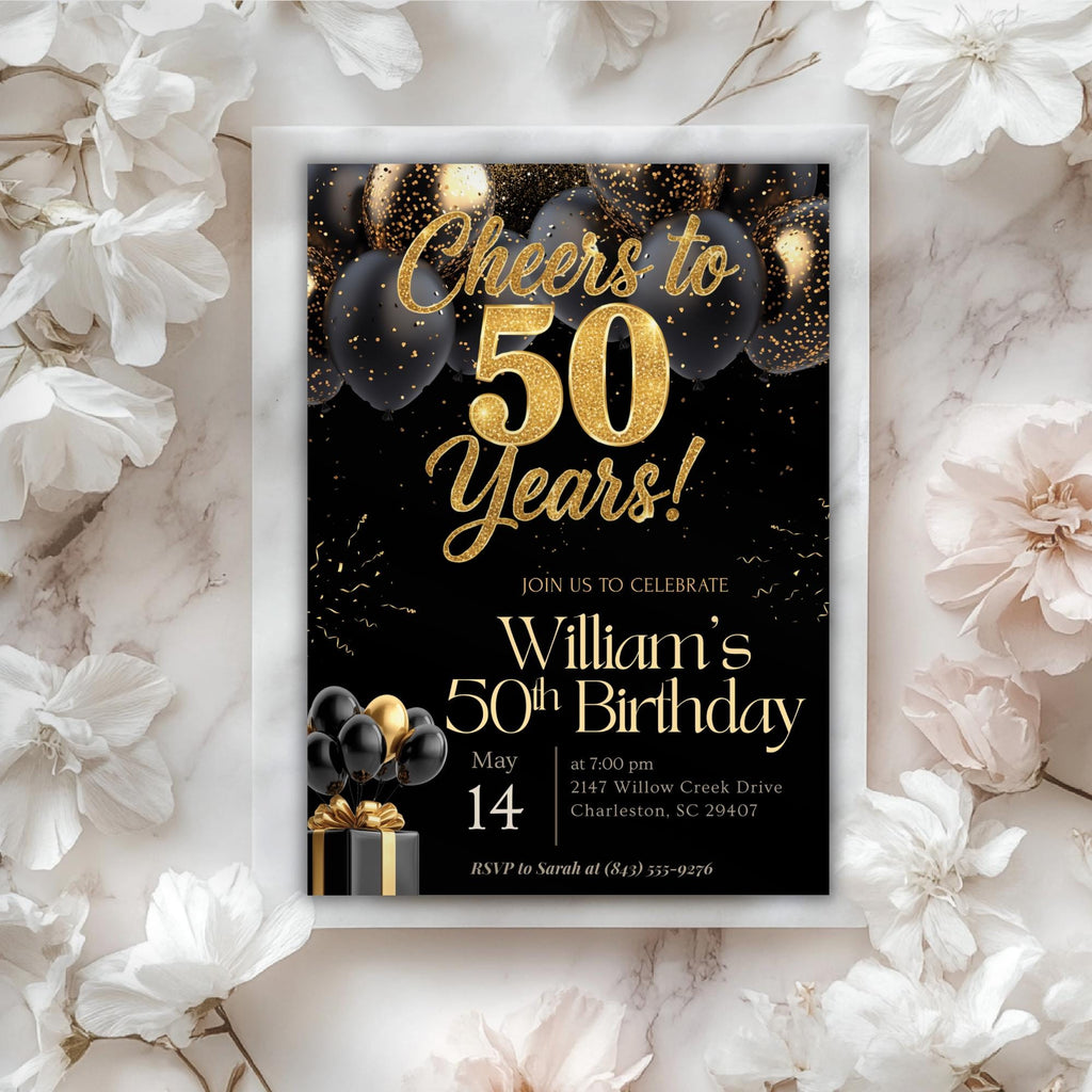 Elegant Black Gold Balloon 50th Birthday Invitation