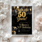 Elegant Black Gold Balloon 50th Birthday Invitation