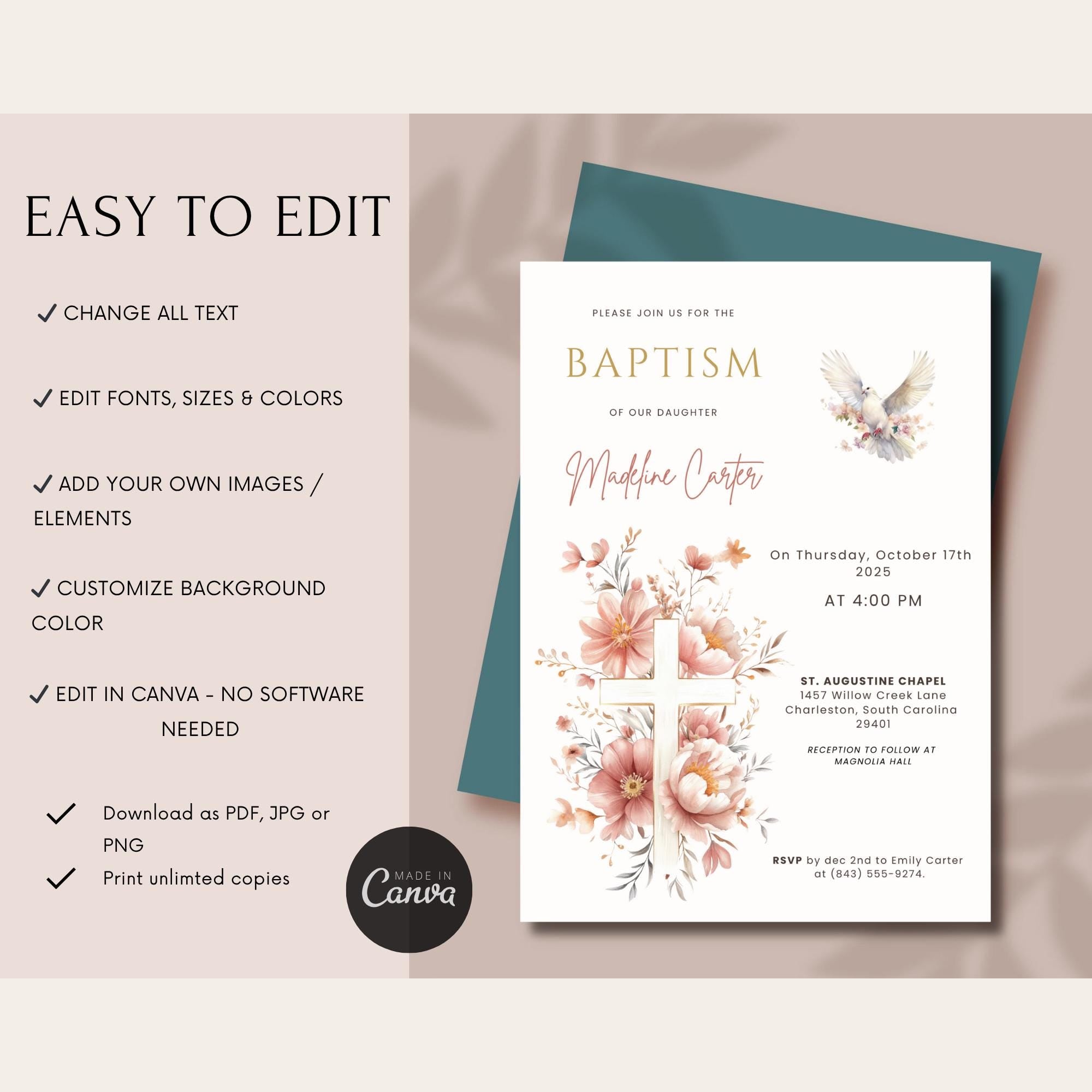Blush Floral Dove Baptism Invitation