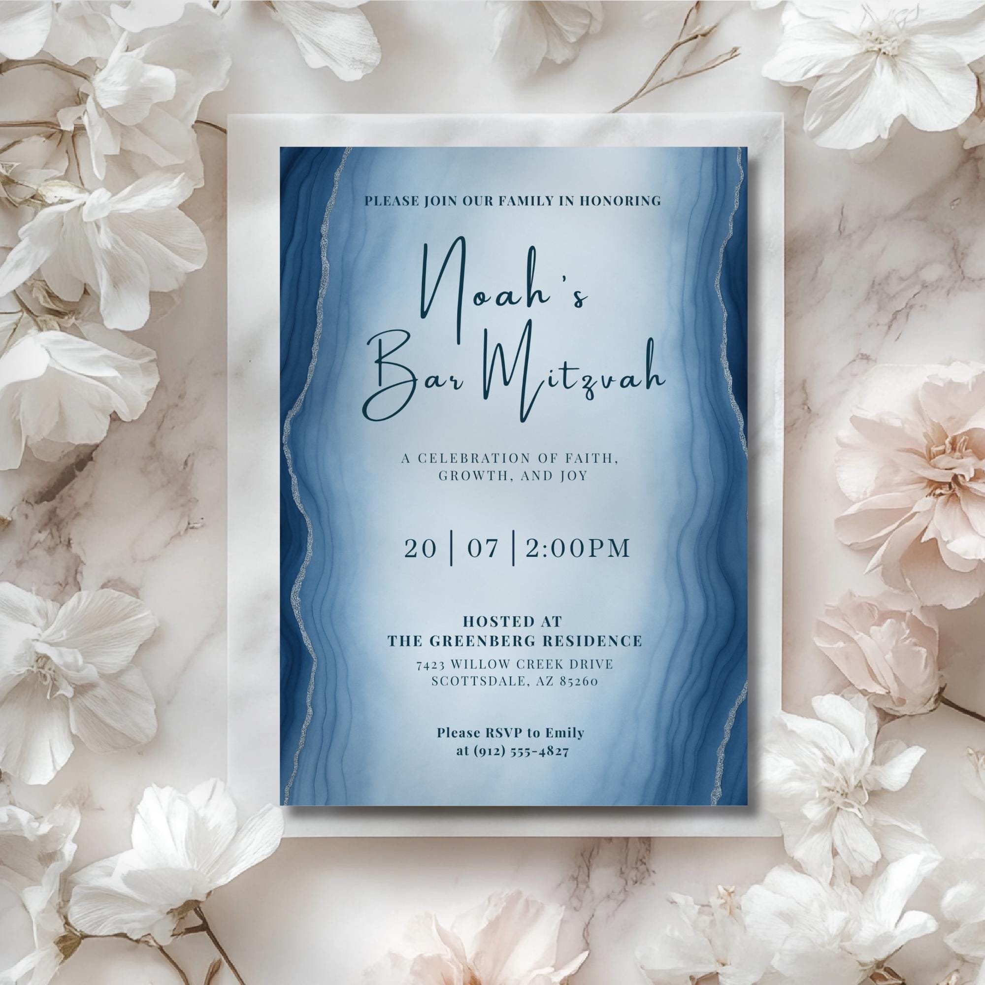Blue Watercolor Bar Mitzvah Invitation
