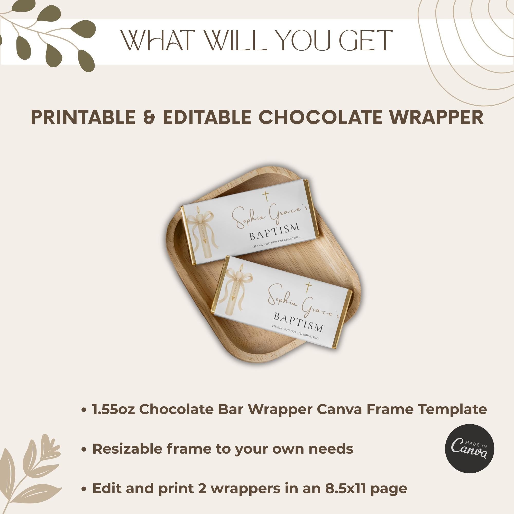 Gold Candle Baptism Chocolate Bar Wrapper