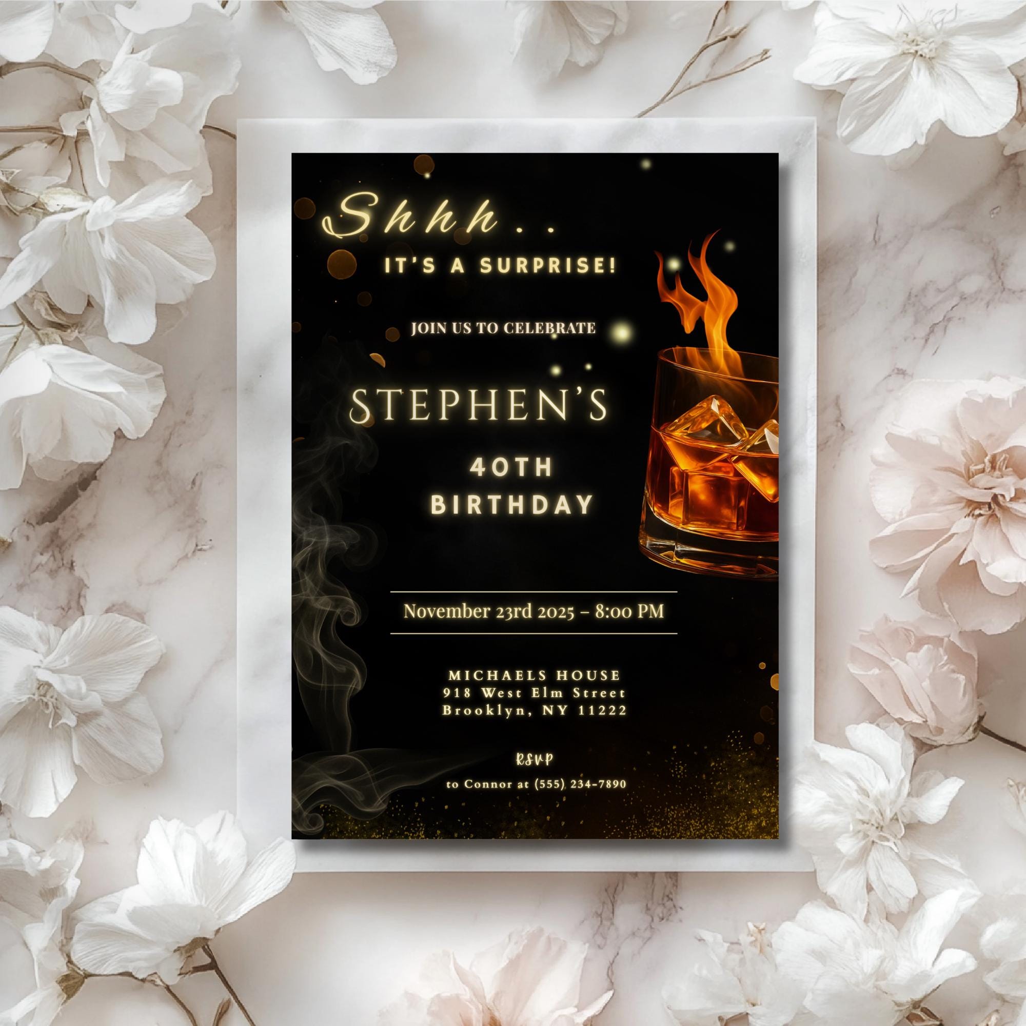 Elegant Whiskey Glow 40th Birthday Invitation