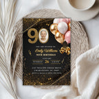Elegant Pink Gold Balloon Photo 90th Birthday Invitation