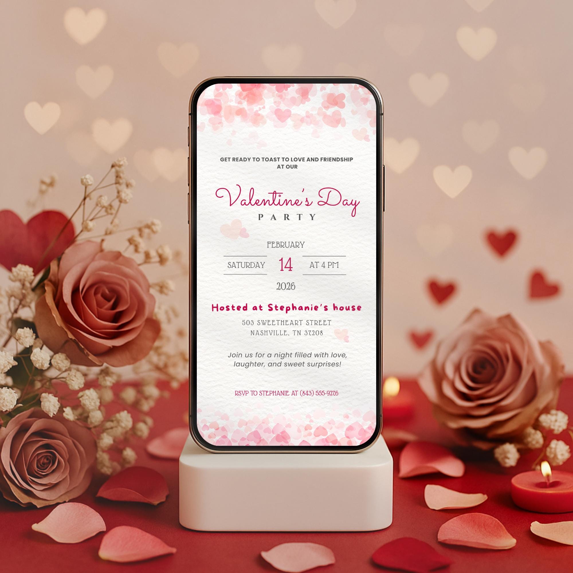 Pink Hearts Valentines Party Invitation