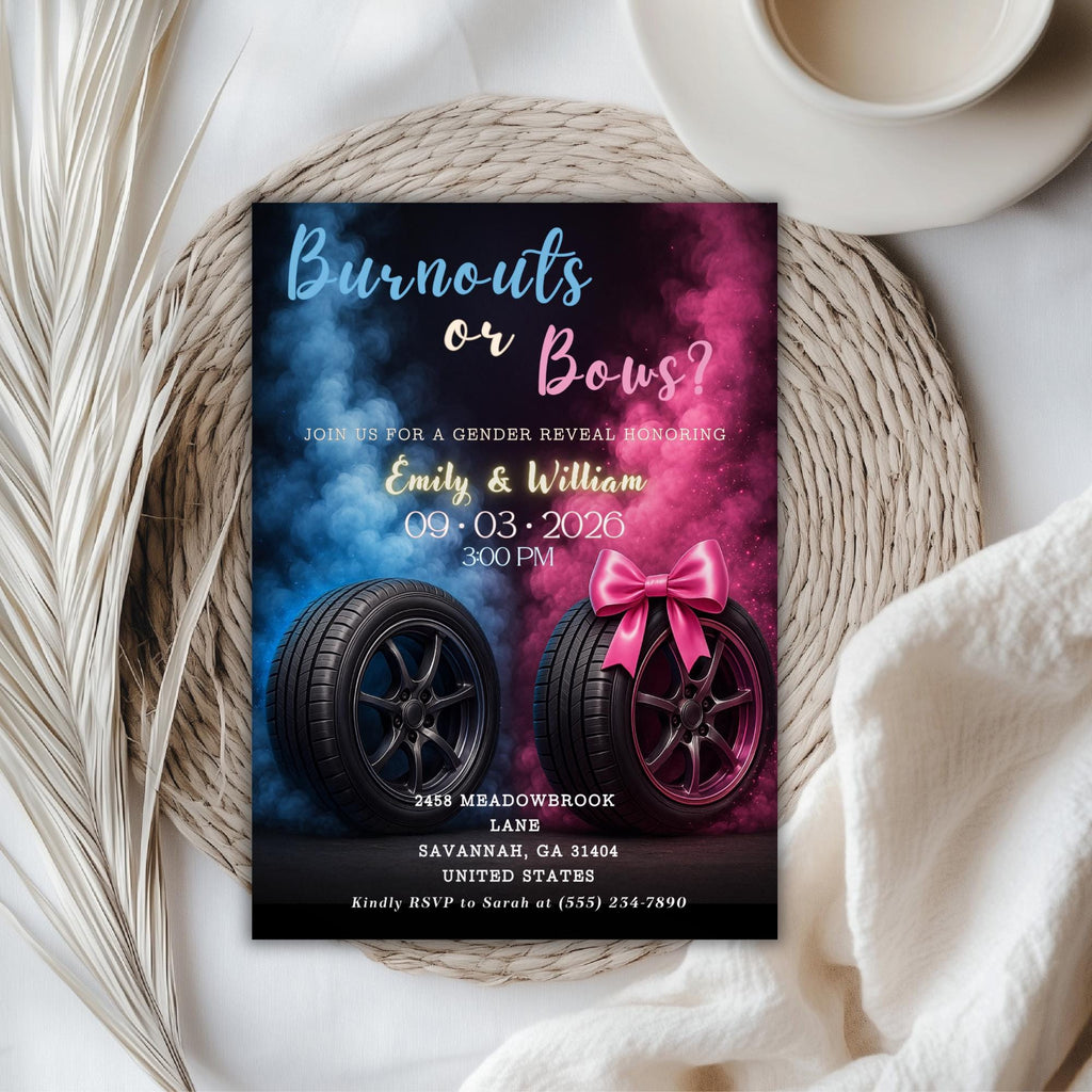 Burnouts or Bows Gender Reveal Invitation