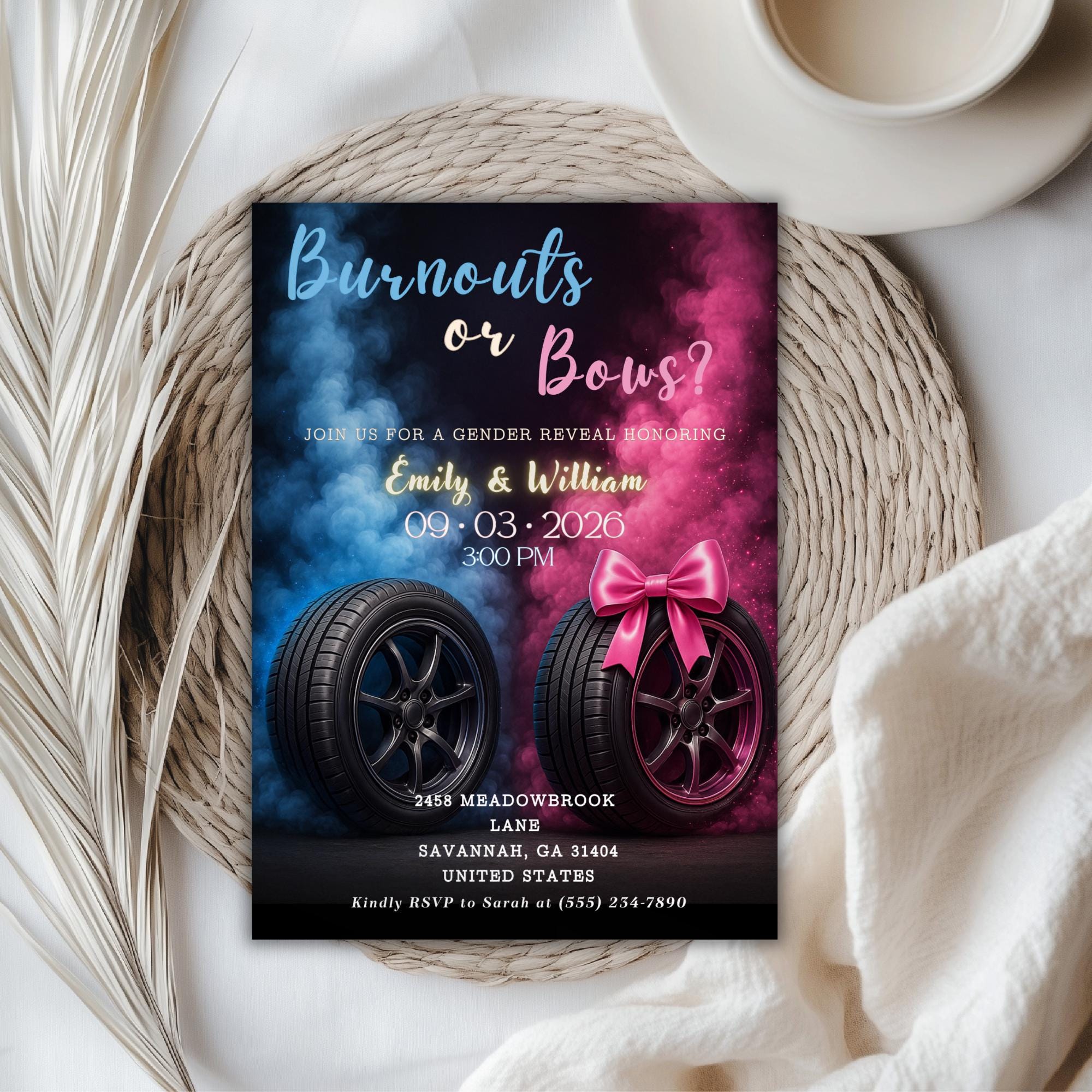 Burnouts or Bows Gender Reveal Invitation