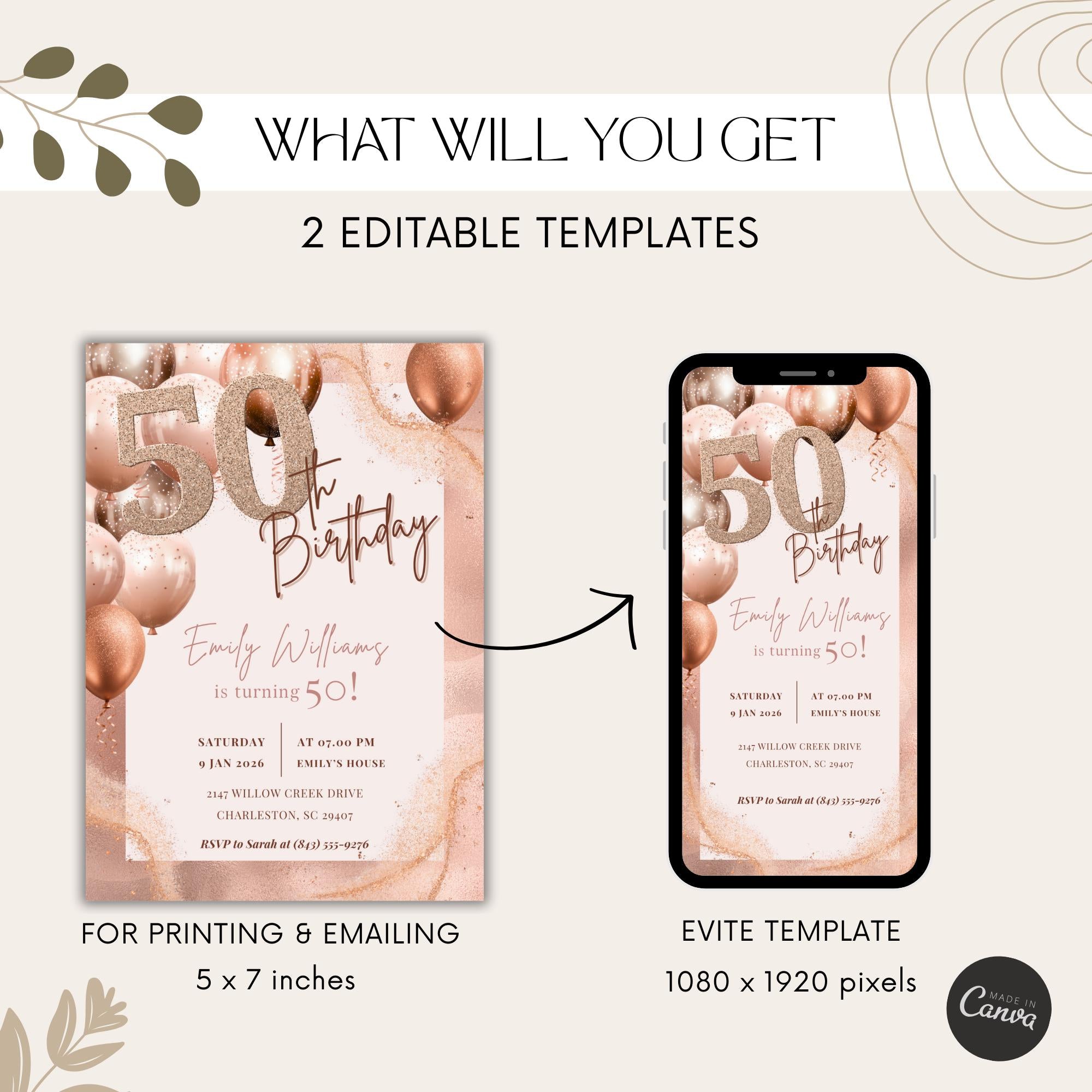 Rose Gold 50th Birthday Invitation